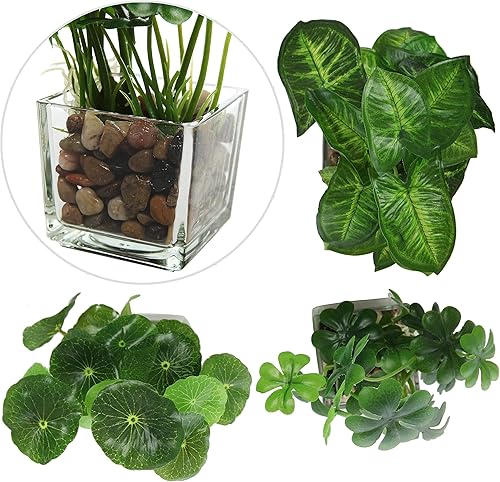Miniatura 5 de MyGift Juego de 3 plantas artificiales, vegetación de mesa sintética con macetas de vidrio transparente y macetas MyGift de 4 pulgadas de color azul