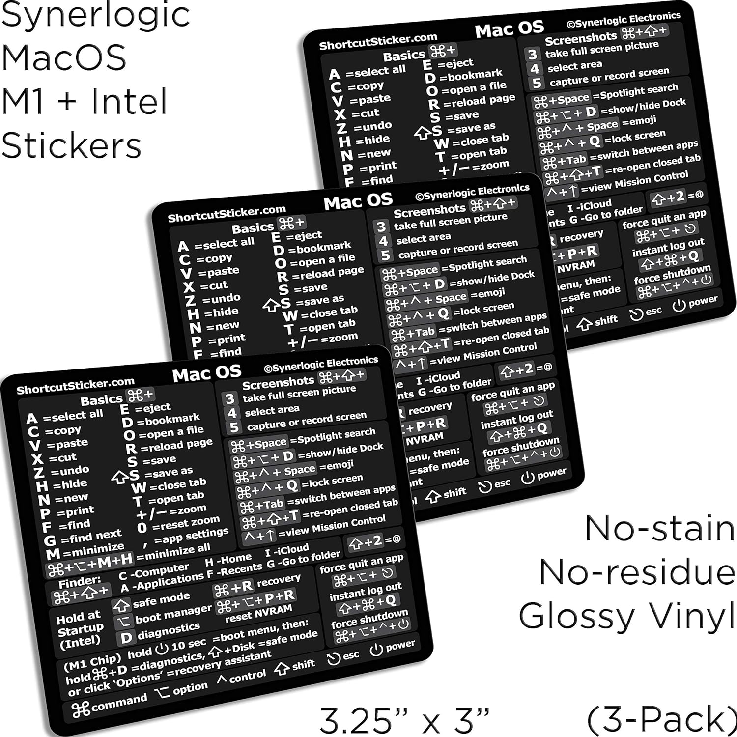 Buy Synerlogic 3 Pack M1 Intel Mac Os Monterey Big Sur Catalina Mojave High Sierra Reference Keyboard Shortcut Sticker Black Vinyl No Residue Adhesive For 13 16 Inch Macbook Air Pro Online In Usa B08zyz7xy4