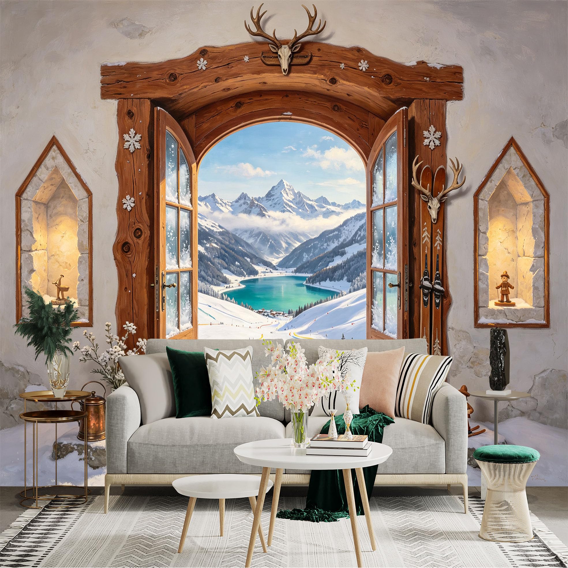 Custom Size Wall Sticker Mural， Rustic Alpine Window， Snowy Mountains and Lake View， for wall Decoration， peelandstick wall Decals.