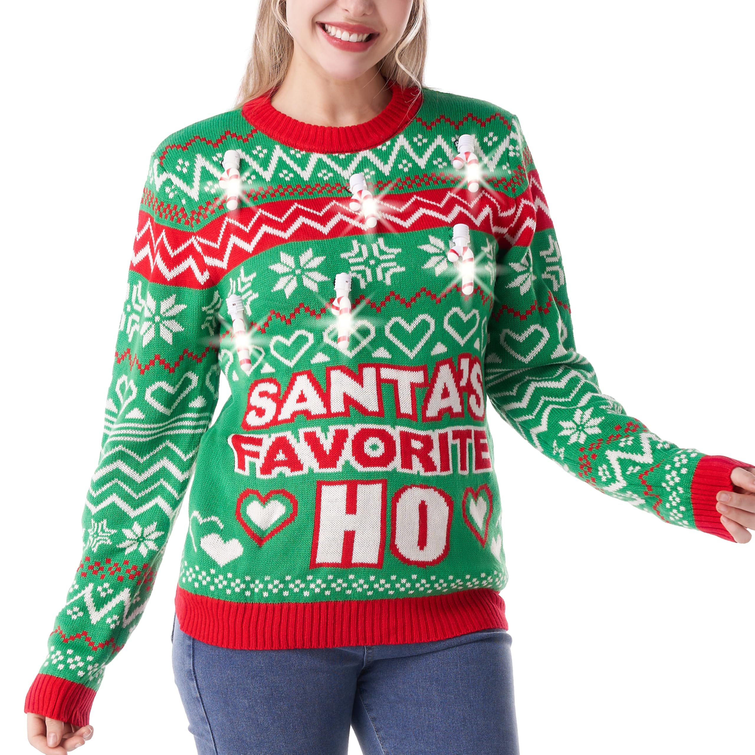 Giggling Getup Women's Green Christmas Ugly Sweater With Candy Cane Light Bulbs, Light Up Christmas Sweater Long Sleeve Ugly Xmas Knitted Sweater For Men-S