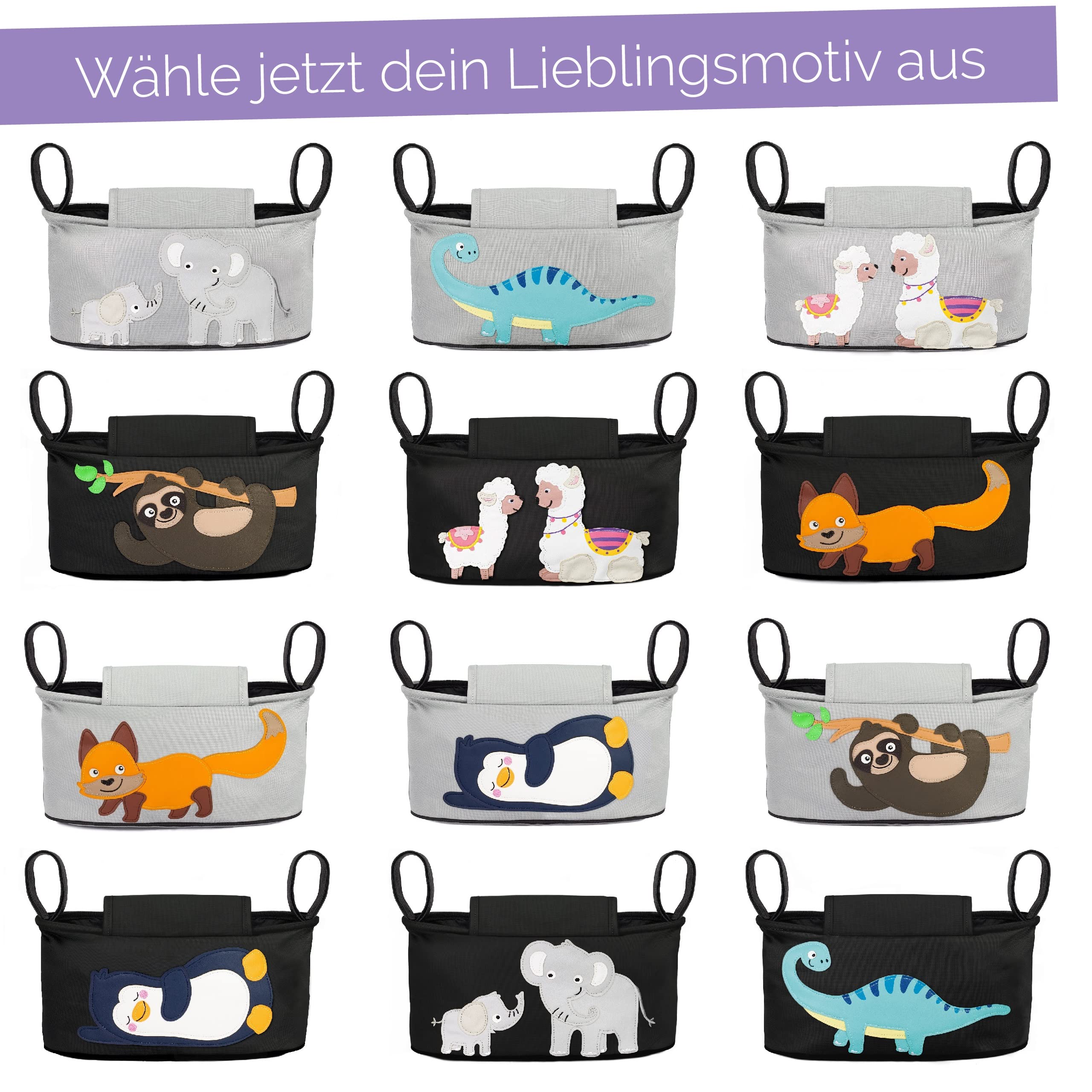 GLÜCKSWOLKE Organizer do wózka dziecięcego – Alpaca I Torba do wózka dziecięcego zamykana I Torba na wózek dziecięcy z dozownikiem chusteczek nawilżających I Torba do Buggy przechowywania Alpaka