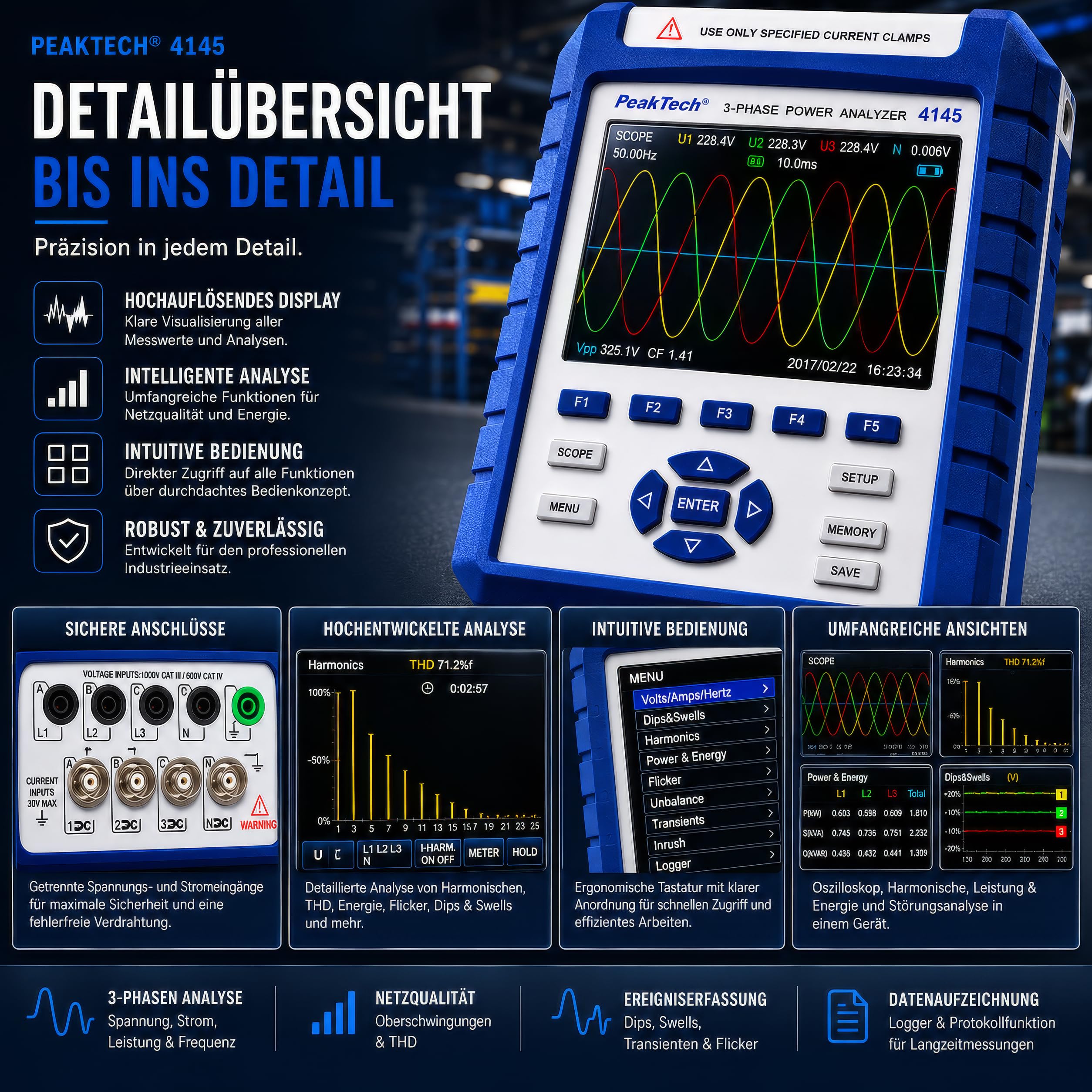 PeakTech P 4145 3-Phasen Leistungsanalysator Netzanalysator LAN USB TFT-Farbdisplay Datenlogger CAT III 1000 V