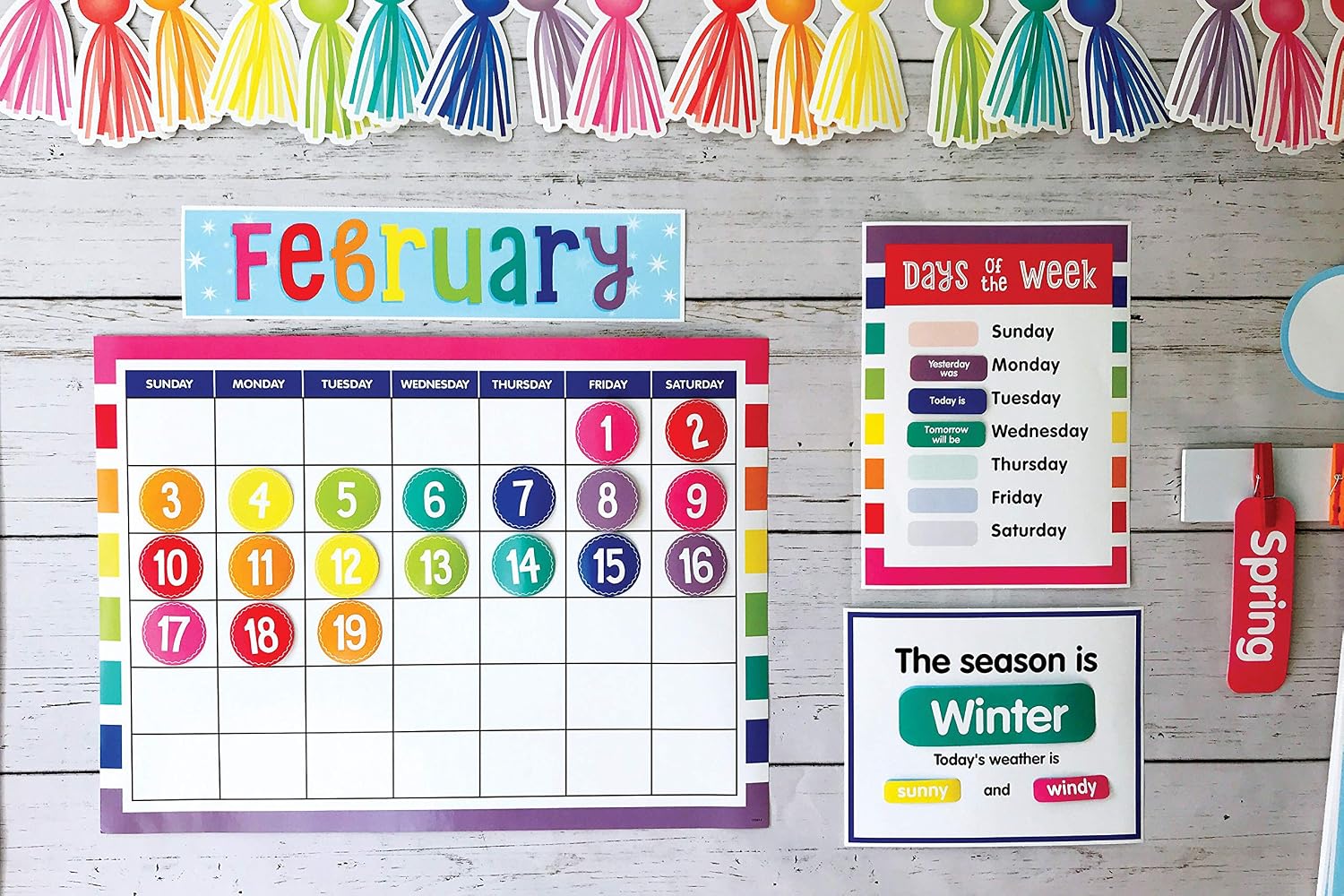 Schoolgirl Style Hello Sunshine Calendar Bulletin Board Set, Colorful, Boho Monthly Wall Calendar with Monthly Headers, Numbers, Weather and Days of the Week Chart, Rainbow Classroom Decor (94 pc)