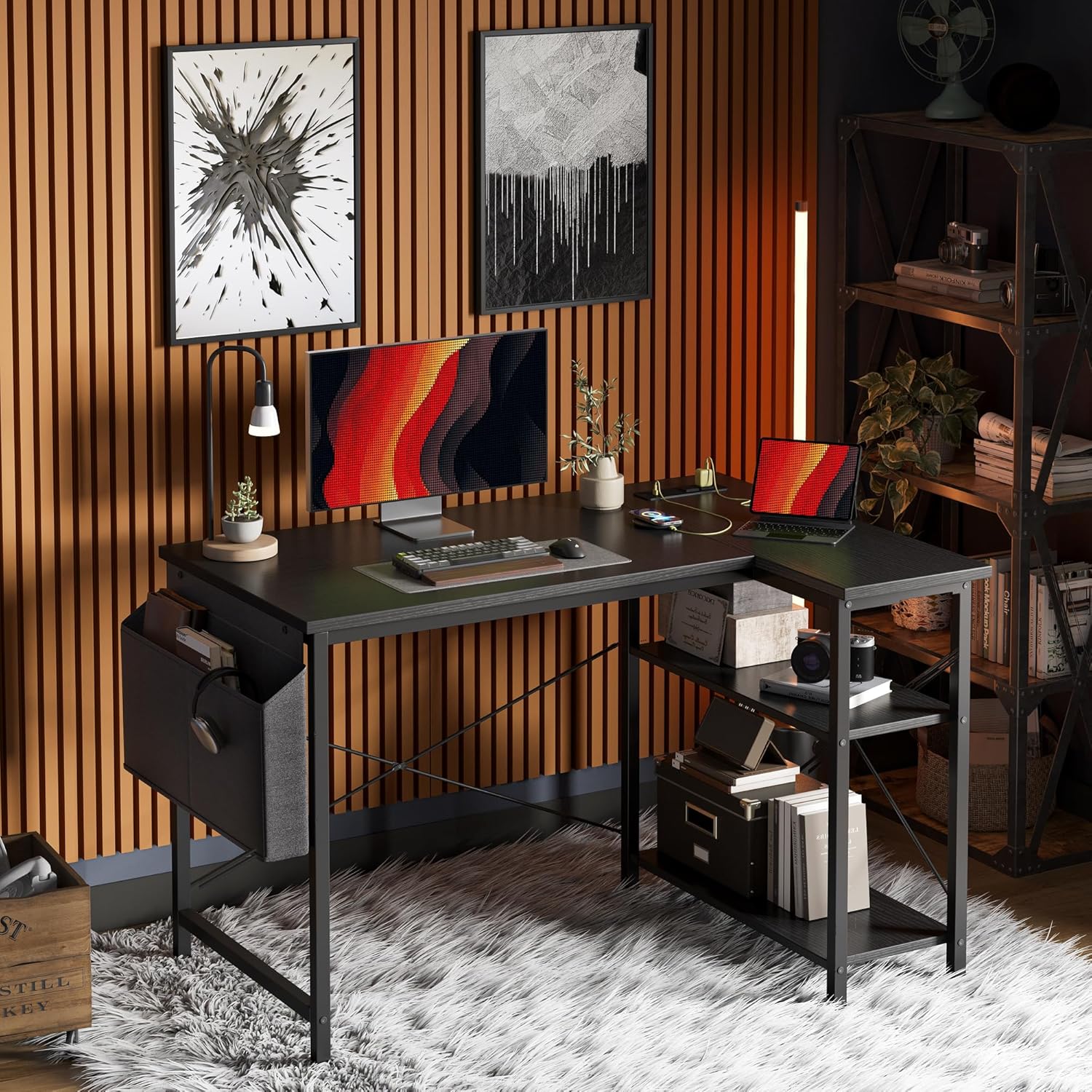 TIQLAB Small L Shaped Desk with Power Outlets - 40 inch Gaming Corner Computer Desk Writing Table, Reversible Large Storage Shelves, Bookshelf Workstation for Study Play Work Home Office, Black - Image 2