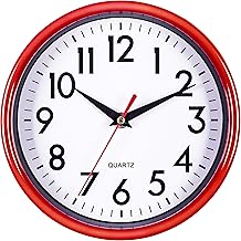 Bernhard Products Red Wall Clock 8" Retro Kitchen Silent Non-Ticking Quality Quartz Battery Operated Round Clock for Office Classroom Bedroom Bathroom Easy to Read