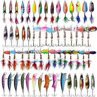 60pcs Trout Fishing Lure Kit Spinnerbaits Spoons Crankbaits Minnow Fishing Lures Set with Sharp Treble Hooks Variety Fihsing Lure Kit for Trout Salmon Walleye