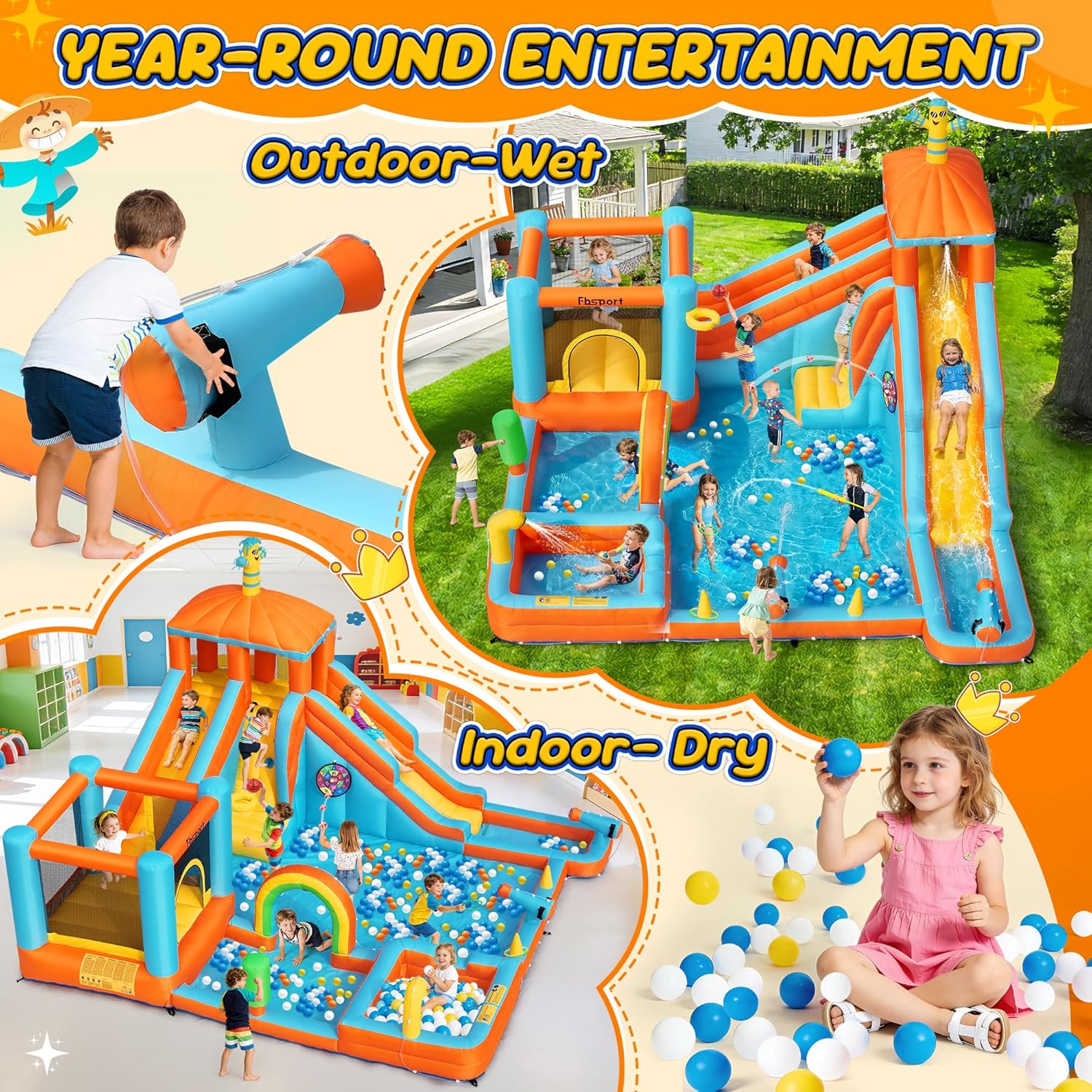 FBSPORT Inflatable Water Slide Bounce House, Double Water Slides Bounce House for Kids 3-12, 11 in 1 Water Park Bouncy Castle for Backyard Outdoor with 750W Blower