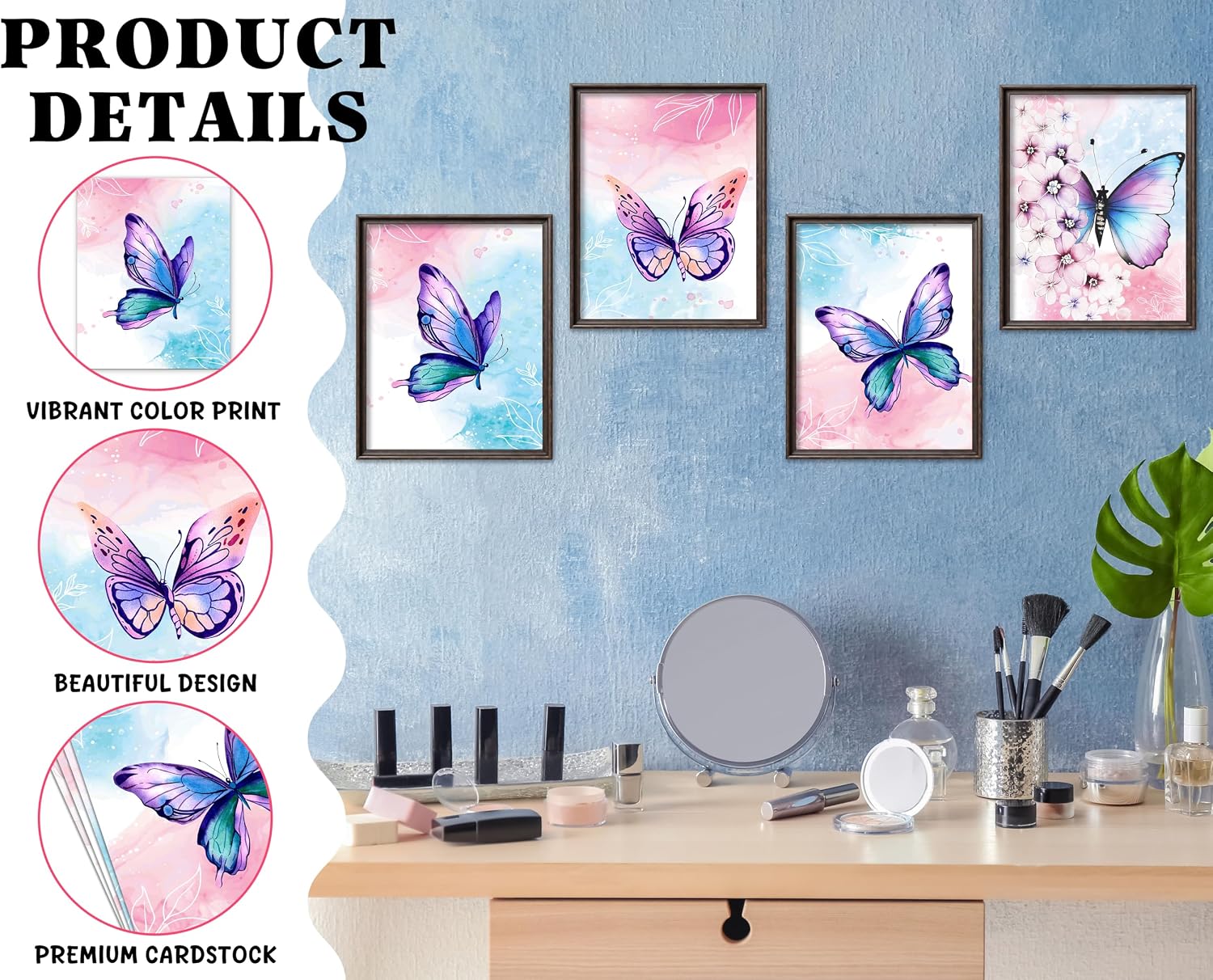 Butterfly Pictures Room Decor Set of 4, Pink and Blue Purple Butterfly Wall Art For Girls Women, Watercolor Floral Preppy Room Posters, 8x10 Inch Aesthetic Prints For Bedroom Home Dorm(A13)