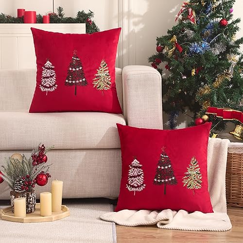 Miniatura 3 de Tosleo Juego de 2 fundas de almohada de Navidad de 18 x 18 pulgadas, fundas de almohada rojas de terciopelo para árbol de Navidad, decoraciones de