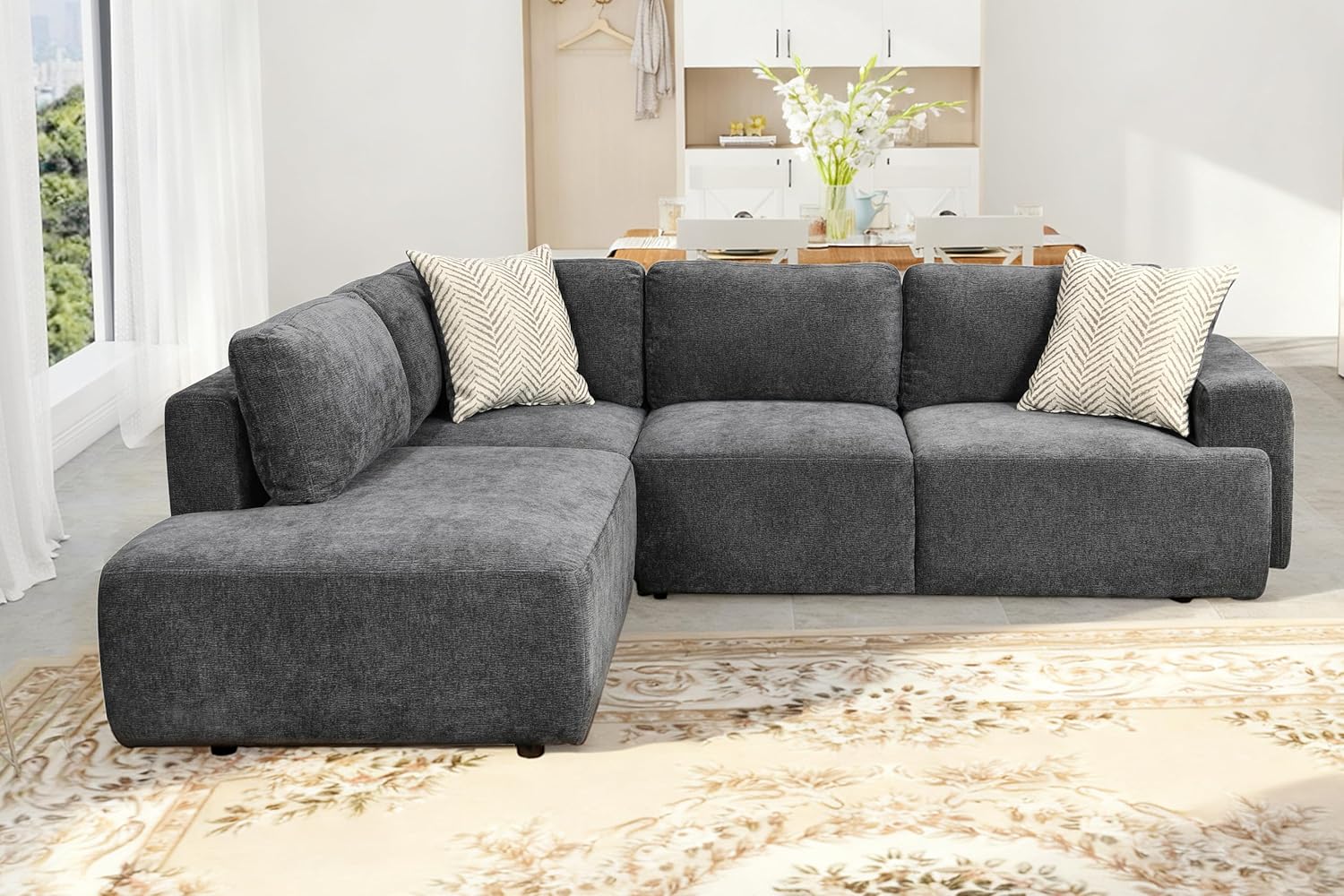 THSUPER 104'' L Shaped Sectional Sleeper Couch with Storage Chaise, Chenille Sectional Sofa with Pull Out Bed and Storage Loveseat, 4 Seater Comfy Couches for Living Room (Dark Grey)