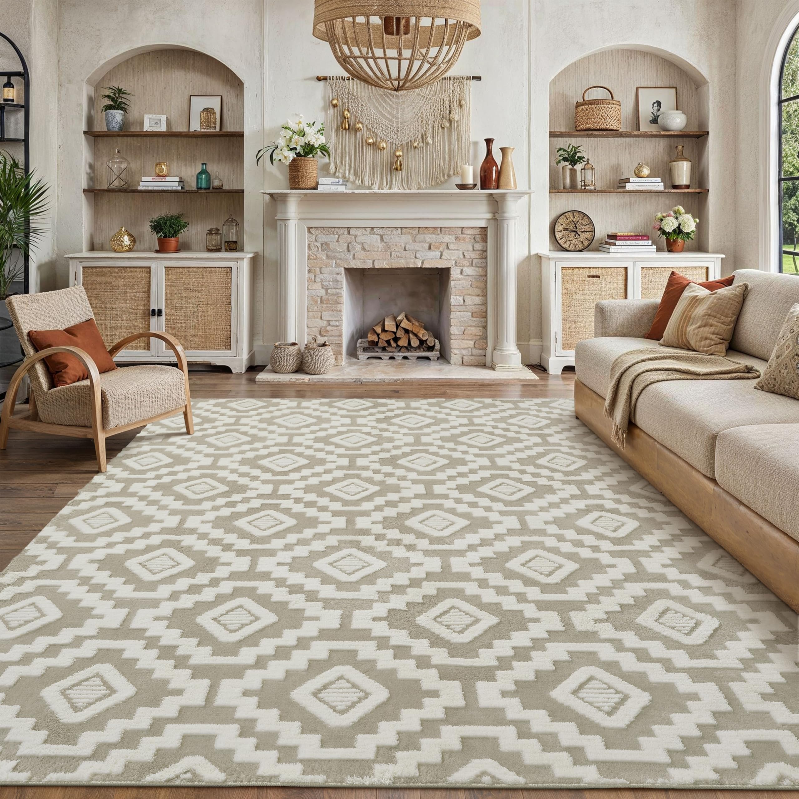 PureCozy Alfombra para salón 200x300cm Boho Dormitorio Alfombra lavable grande 3D Efecto área de pelo corto esponjosa alfombra antideslizante para comedor, habitación infantil, alfombra de cama, Beige