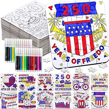 24 Sets 250th Anniversary 4th of July Crafts for Kids, Patriotic Crafts Activities DIY Puzzle Kits Red White Blue Star Flag Independence Day Memorial Day Jigsaw Painting Art gift Party Favors Supplies