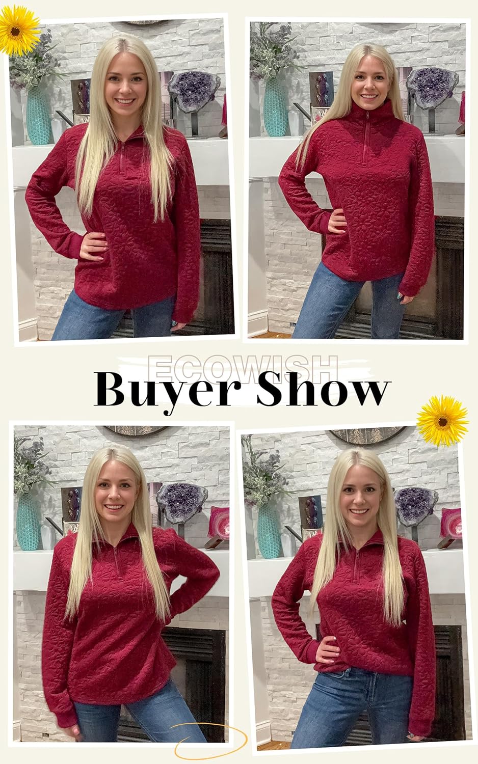 ECOWISH Women Tops Quarter Zip Fall Winter Tunics Casual Oversized Pullover Ribbed Quilted V Neck Collared Outfits Loose 2026 - Image 6