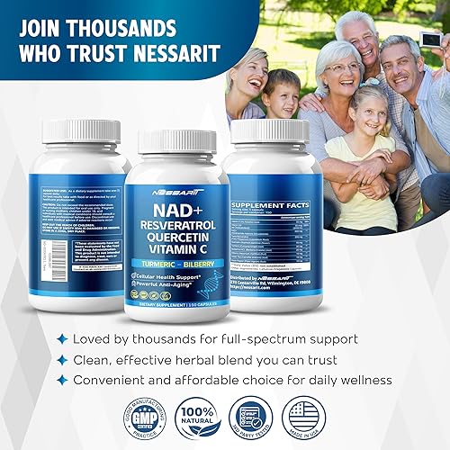 Miniatura 9 de Suplemento NAD+ RESVERATROL, mezcla natural 10 en 1 con quercetina, cúrcuma, berberina, arándano, té verde, 150 unidades, fabricado y probado en los