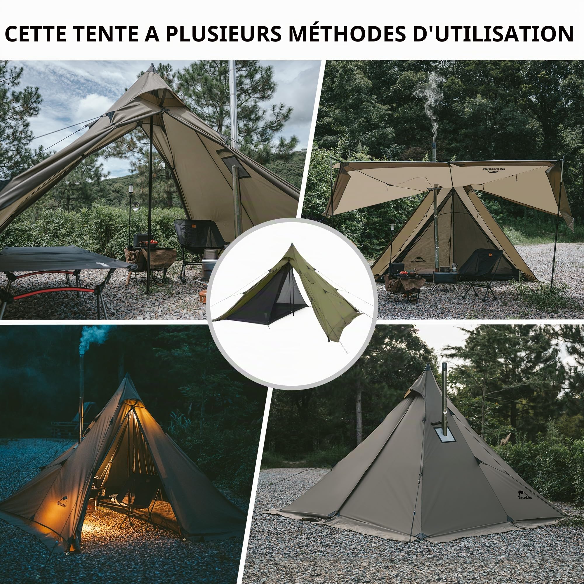 Naturehike Tente tipi pour 3 à 4 personnes, imperméable, coupe-vent, montage facile, tente pyramidale pour extérieur, camping, famille