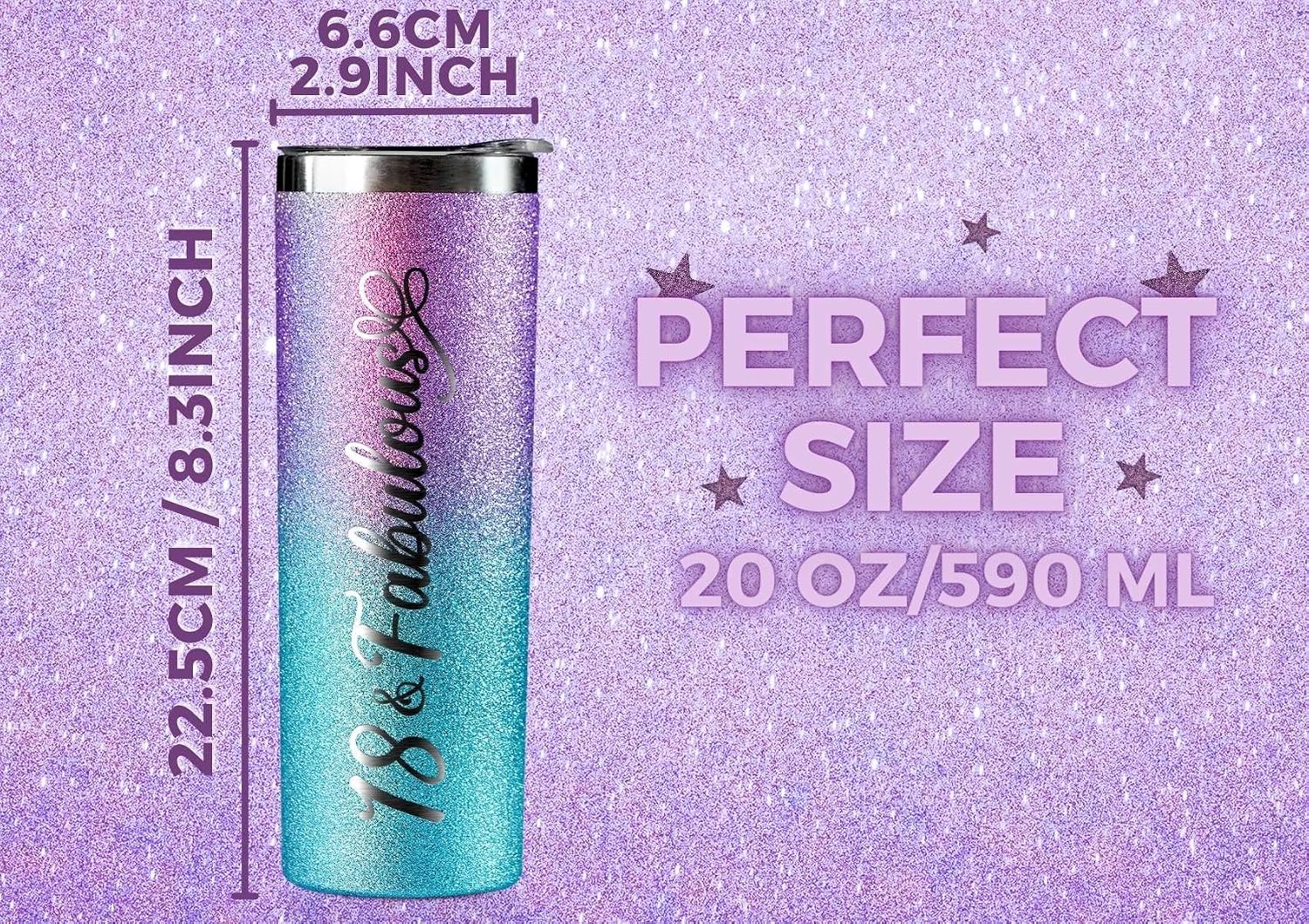 Onebttl 18th Birthday Gifts for Girls, Women, Her - 18 and Fabulous -20oz/590ml Stainless Steel Insulated Glitter Tumbler with Straw, Lid, Message Card - (Purple-Blue Gradient)