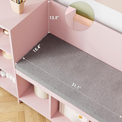 Miniatura 9 de HOSTACK Rincón de lectura para niños de 67 pulgadas con banco, estantería para niños y estantería con cojín de asiento y 6 cubos de almacenamiento,