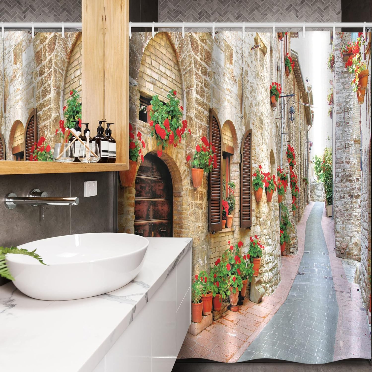 Ambesonne Tuscan Stall Shower Curtain, Porch Colorful Flowers at an Old Street in Town in Italy Sunny Day, Fabric Bathroom Decor Set with Hooks, 54" W x 78" L, Vermilion Brown