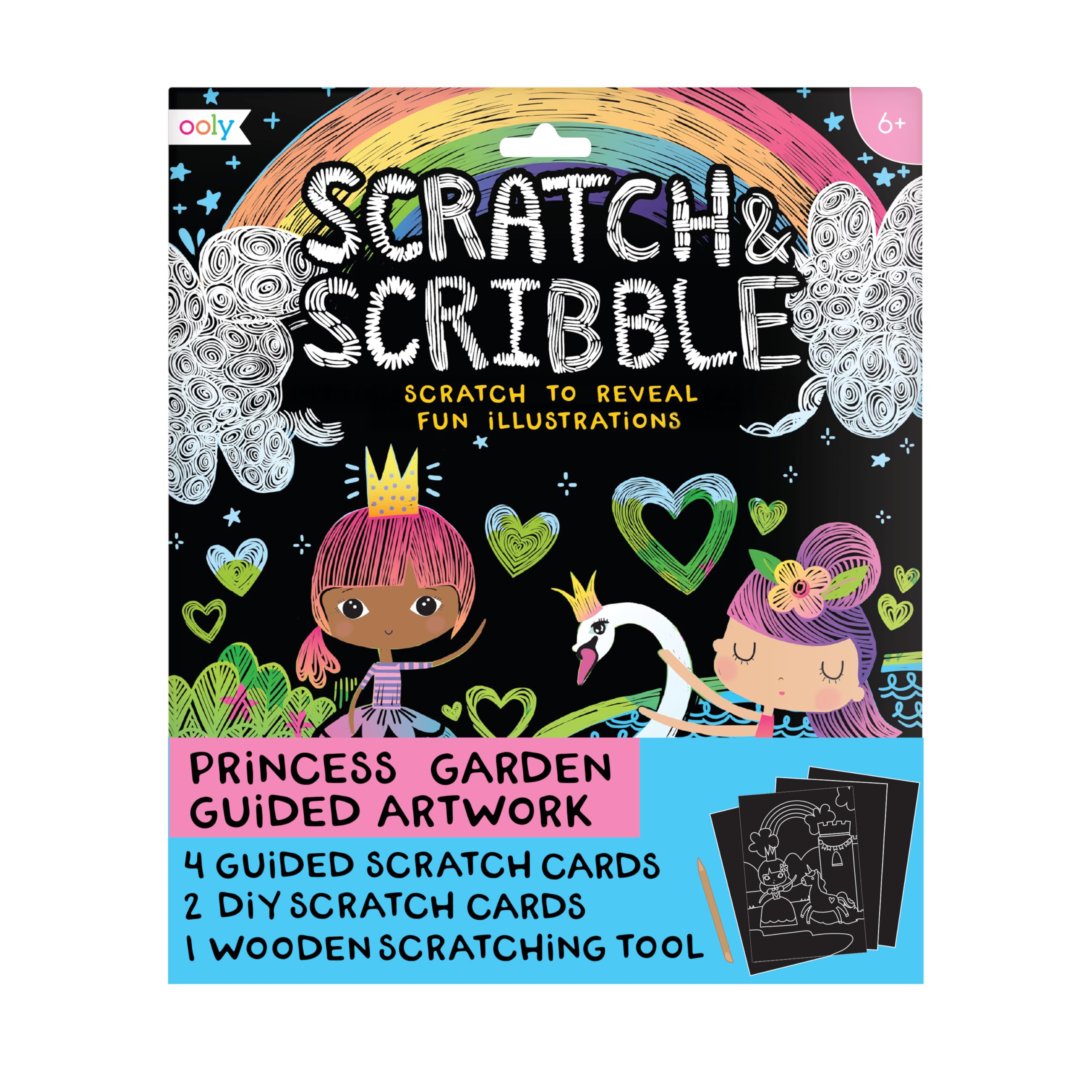 Ooly Scratch &amp; Scribble Art Kit, 8 Cards, Sticker Sheet – Princess Garden