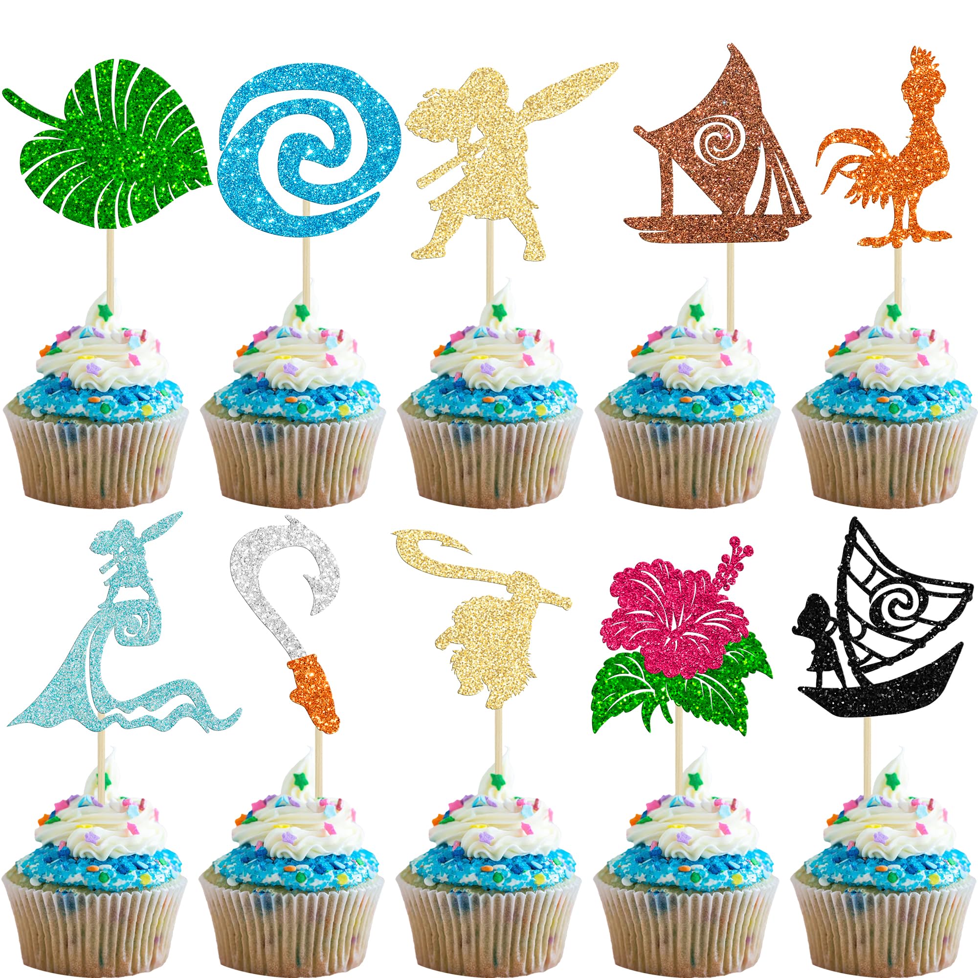 Gyufise 30Pcs Moa Inspired Birthday Cupcake Toppers Flower Palm Leaf Cupcake Picks for Tropical Hawaiian Luau Summer Wedding Baby Shower Party Cake Decorations Supplies — image 1