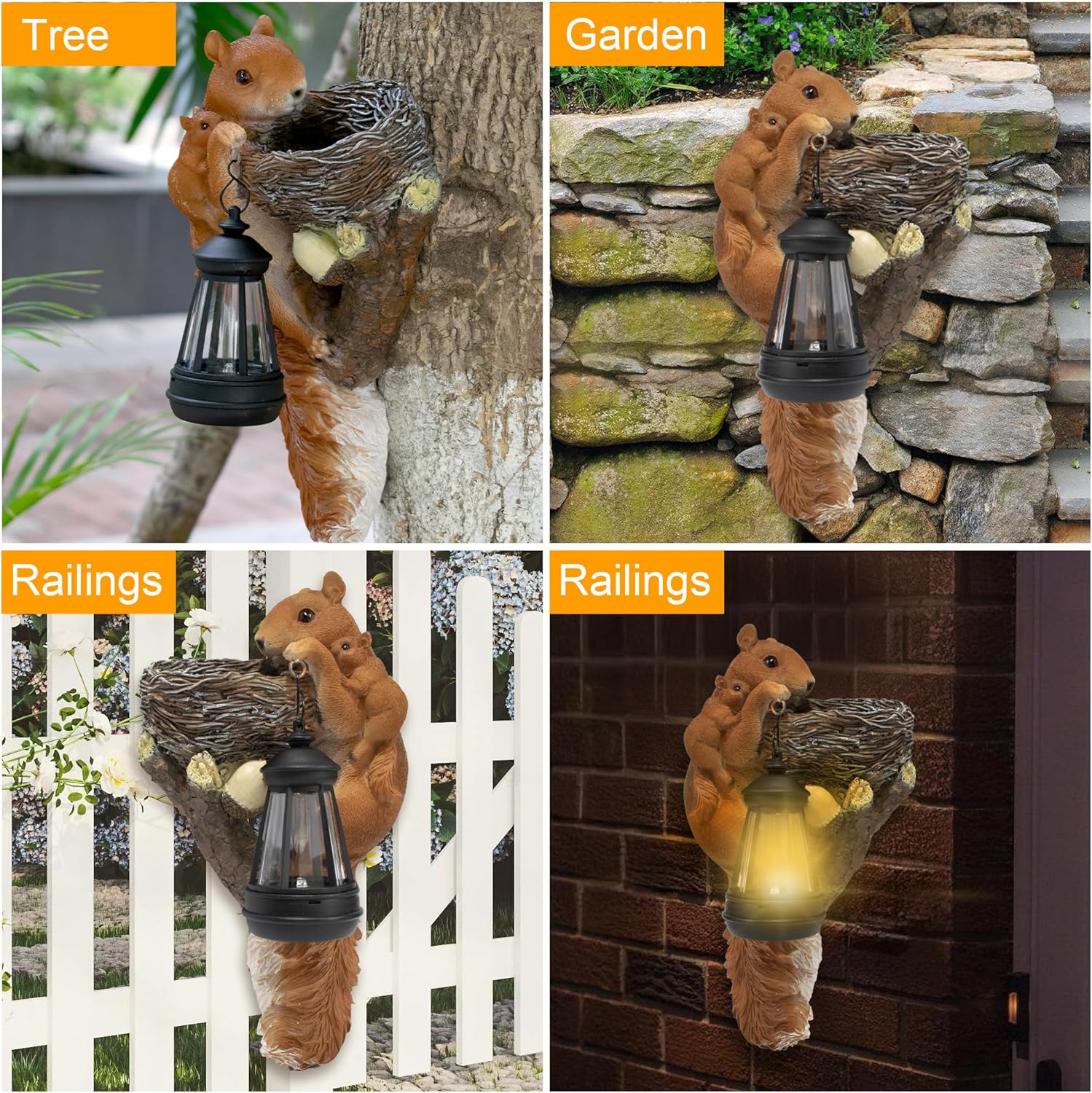 Squirrel Tree Hugger Garden Outdoor Statue Decor with Solar Powered Lantern for Outside Porch Patio Wall Tree Fence, Squirrel Figurine Birthday Gifts for Mom - Image 6