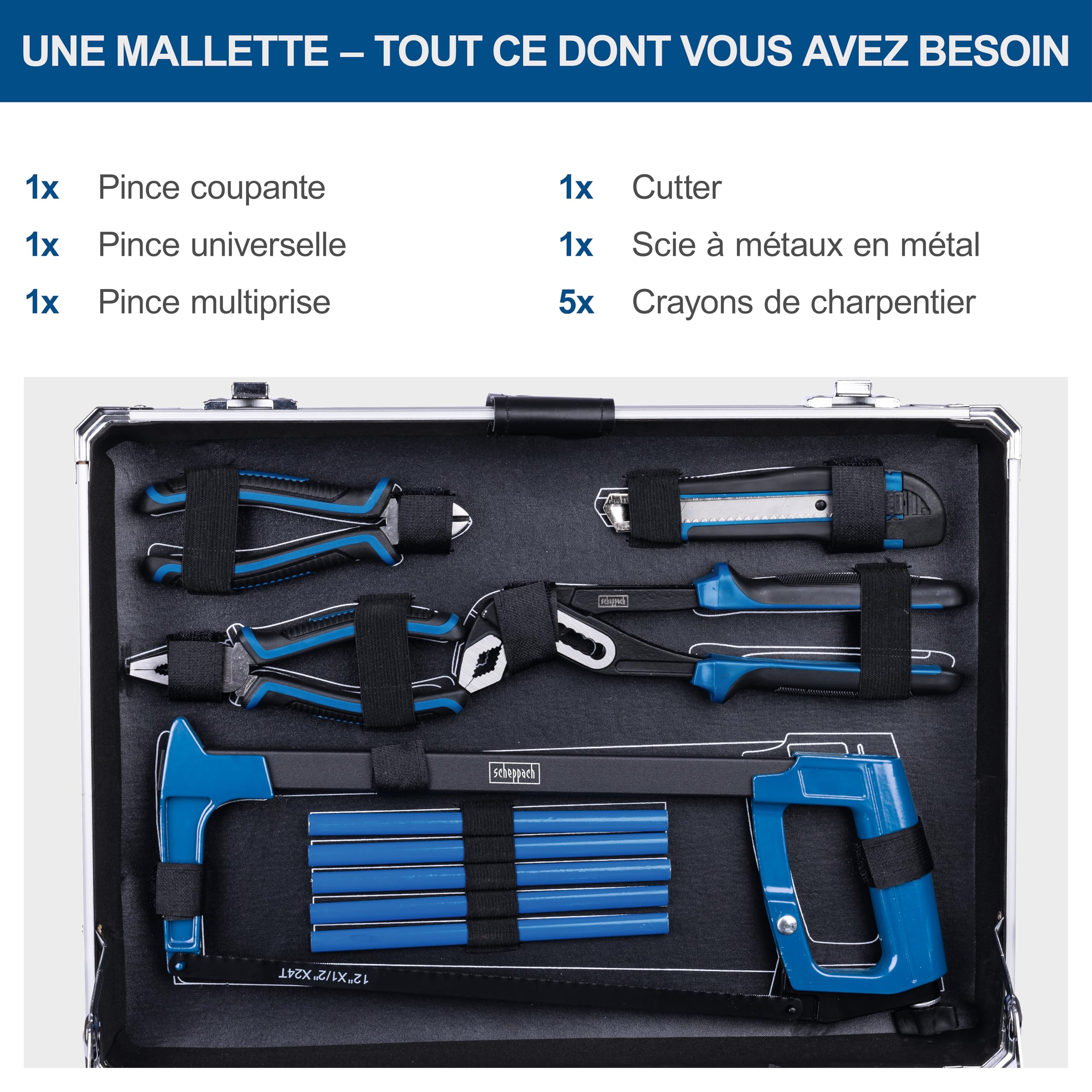 Scheppach Mallette à outils TB200 – Valise à outils – Coffret outils – Boîte à outils – Caisse à outils - Boîte de rangement - 141 pièces – En chrome vanadium - Idéal pour la mécanique