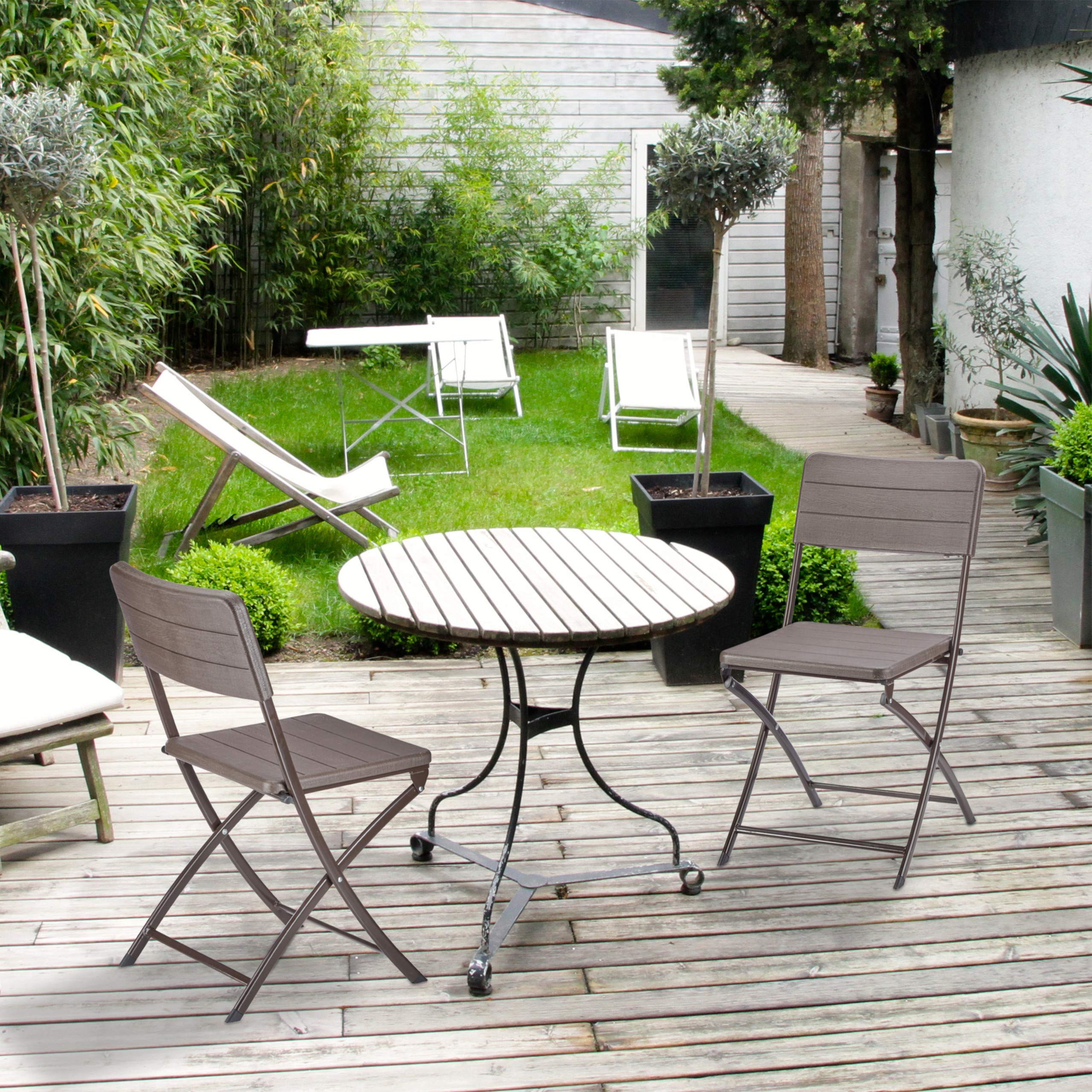 Relaxdays Set di 2 Sedie da Giardino, Effetto Legno, Resistenti, in Plastica, Struttura in Metallo, Pieghevoli, Marrone