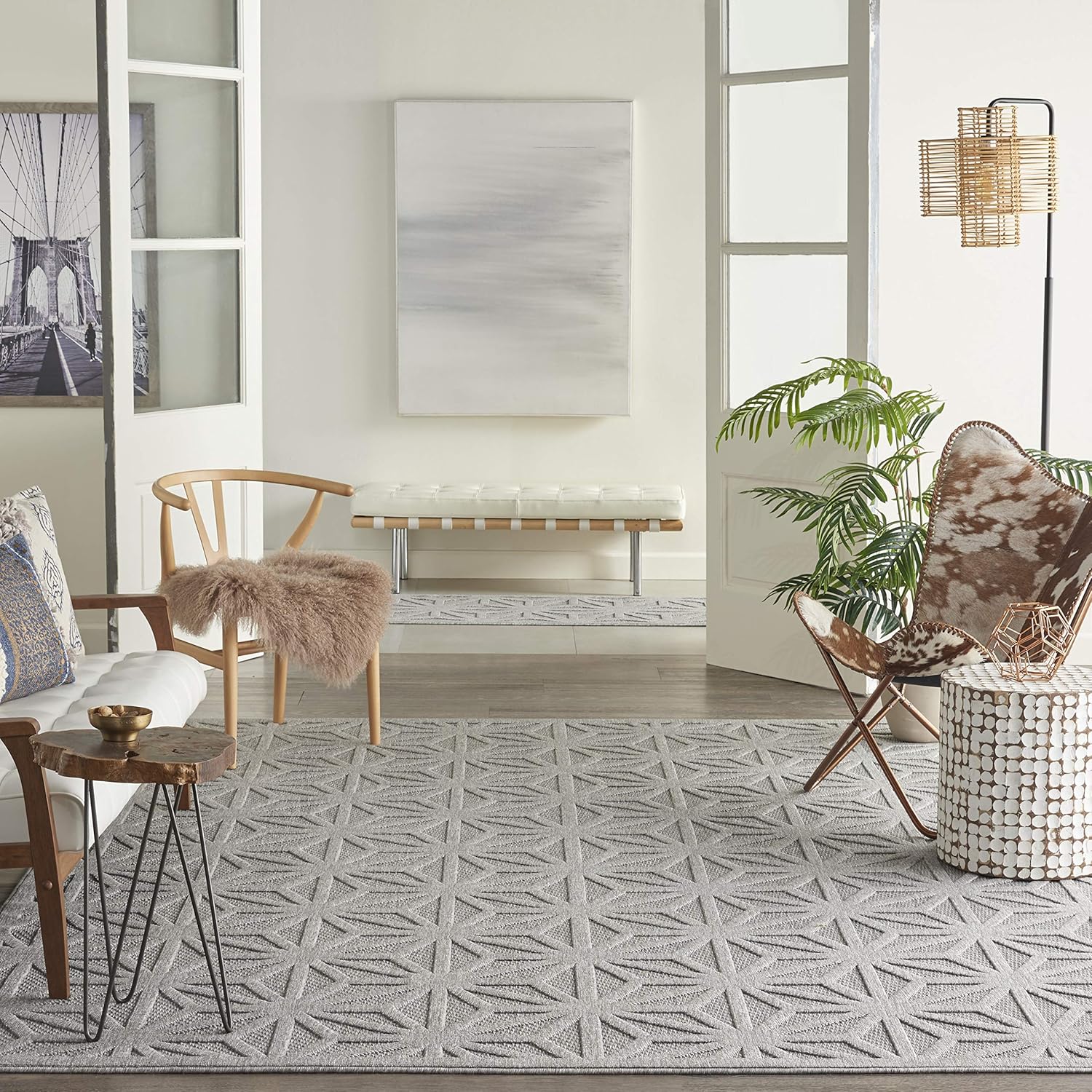 Nourison Palamos Indoor/Outdoor Light Grey 8'10 x 11'10 Area Rug, Easy Cleaning, Non Shedding, Bed Room, Living Room, Dining Room, Backyard, Deck, Patio (9x12)