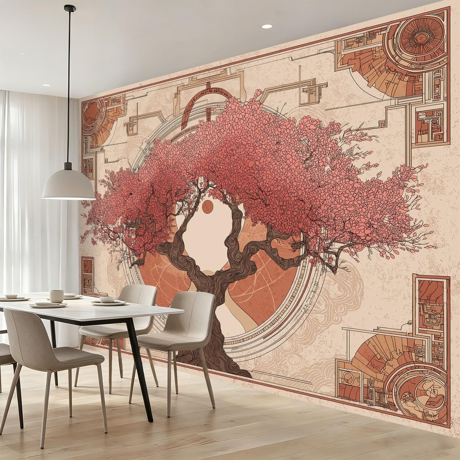 Fototapeta 400 x 280 cm ściany dekoracja salonu dorośli retro orientalne drzewo botaniczne do sypialni salonu tapeta z włókniny, kolor różowy