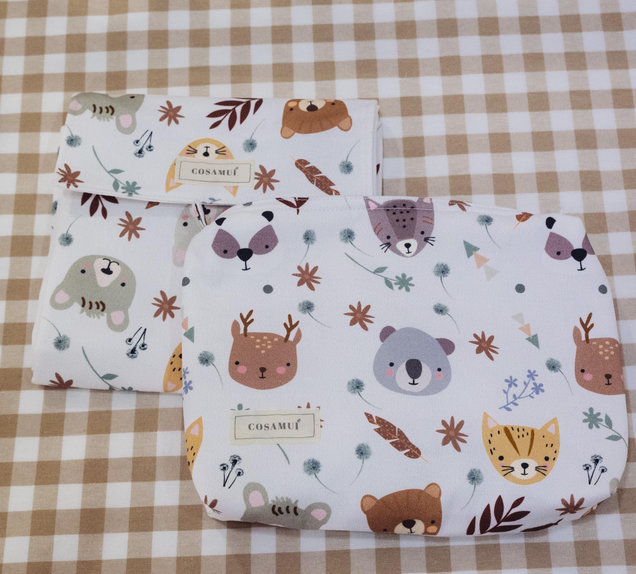 Confezione per bambino fasciatoio pieghevole portatile e beauty case - Impermeabile - neonato - 100% cotone esterno - Made in Spagna (animale bosco, confezione camb + trousse
