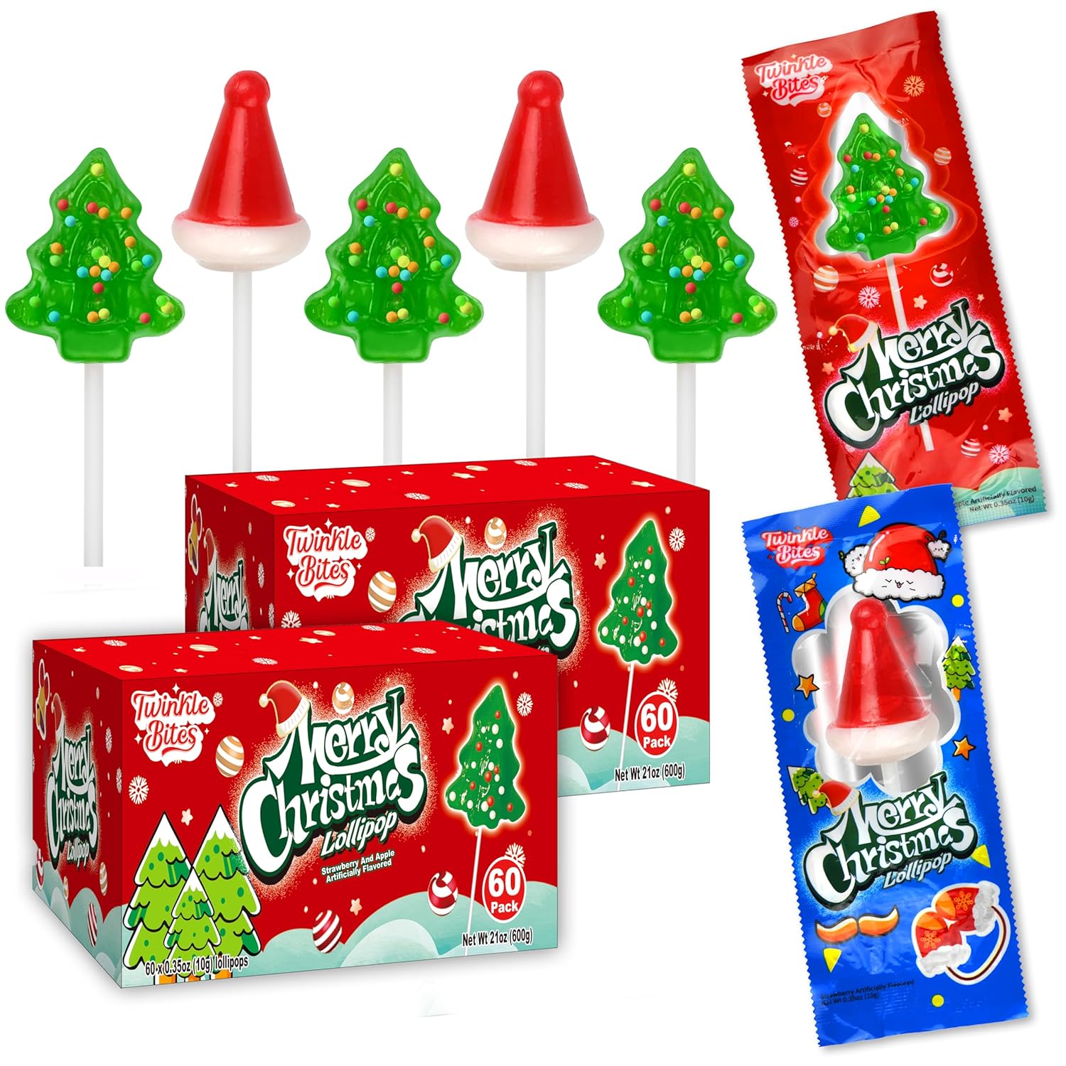120 Pack Christmas Lollipops - Individually Wrapped Christmas Holiday Themed Hat And Tree Lollipops - Colorful Red & Green Designs & Delicious Flavor -Bulk Candy Use For Stocking Stuffers, Party Favor, Classroom & Office Treats, Candy Jar Fillers