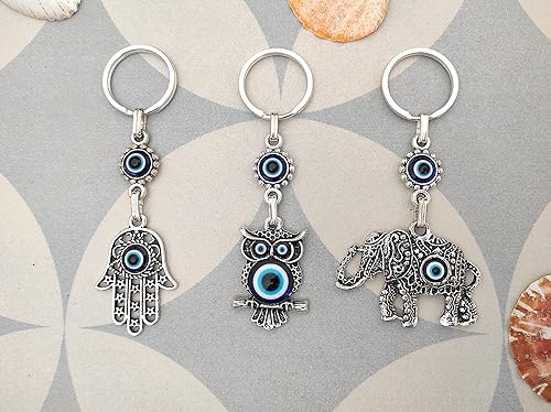 Miniatura 4 de Juego de 3 llaveros de ojo turco azul malvado, regalo para mujeres u hombres, Azul, Plateado, Pequeño, Llavero contra el mal de ojo