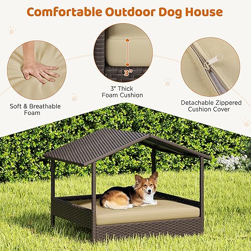 Miniatura 5 de Yaheetech Casa de mimbre para perros al aire libre e interior con toldo, cama elevada para perros con cojín para perros pequeñosmedianos, sombra