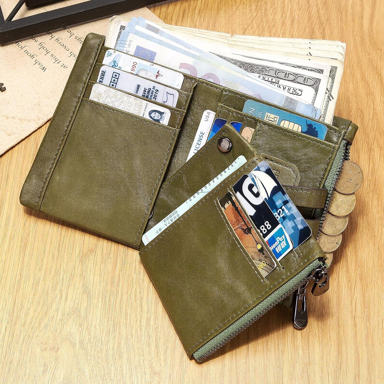 gzcz Mens Wallet with Chain RFID Blocking Genuine Leather Bifold Purse for Men with ID Window and Zip Coin Pocket | with Chain, RFID Blocking, Bifold, with ID Window, and Zip Coin Pocket Green