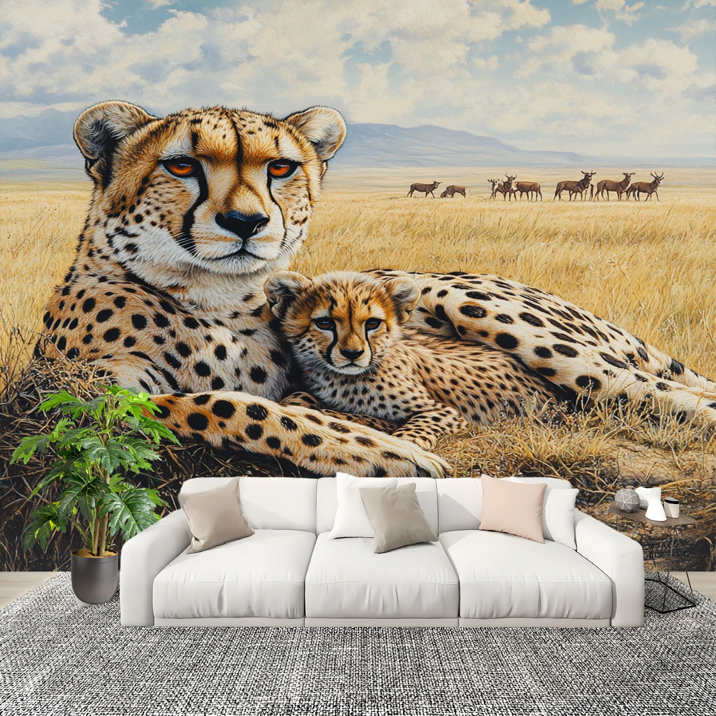 Tapeta na flizelinie XXL, tapeta ścienna, efekt 3D, dekoracja ścienna, złota, samoprzylepna, nowoczesny design, afrykański gepard, tapeta ze wzorem, do salonu, sypialni, biura, korytarza, 300 x 210 cm