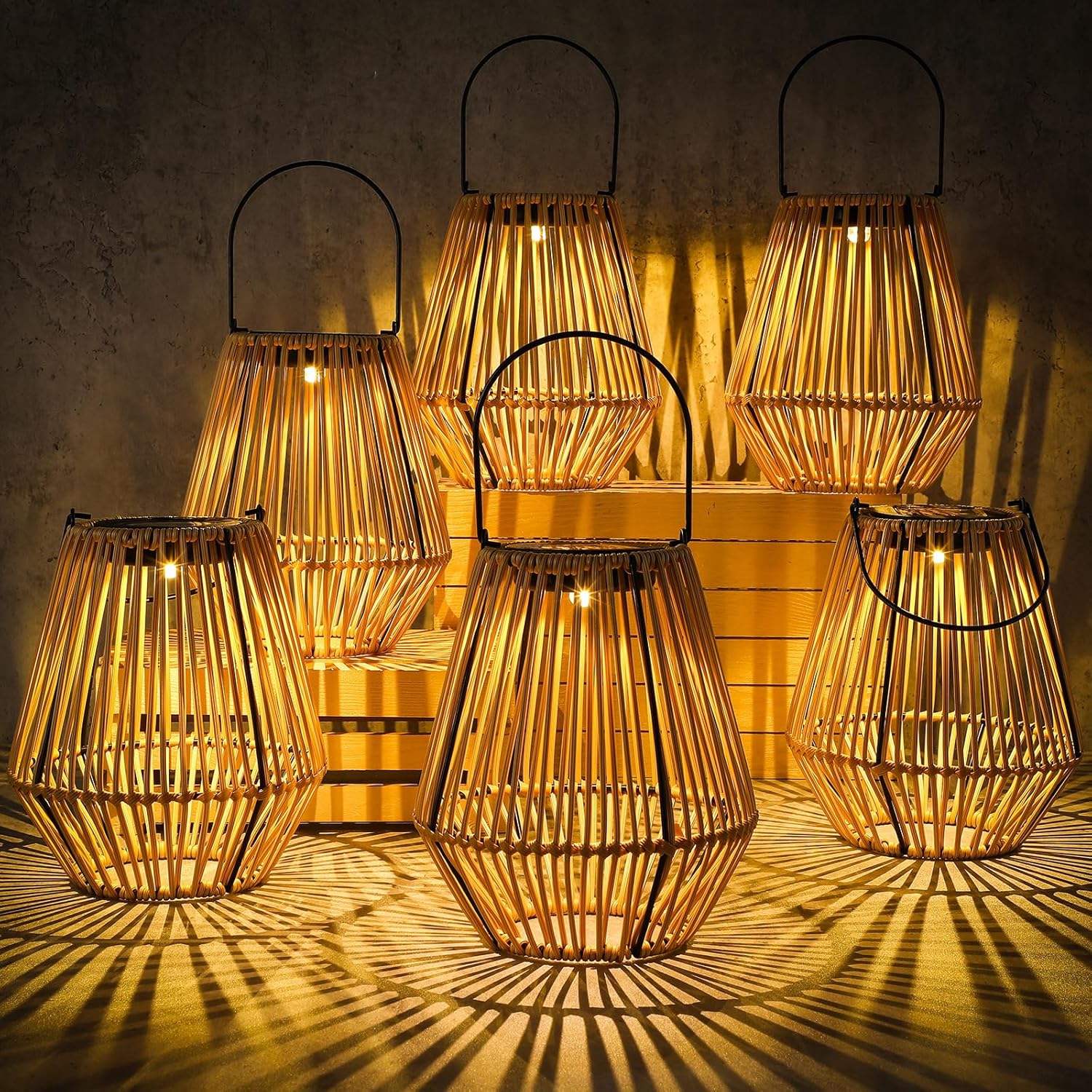 VIHOSE 6 Pack Solar Lanterns, Rattan Hanging Solar Lights with Handle Outdoor Waterproof, Outdoor Lamp Lights Decoration for Patio Porch Garden Pathway Yard Trees Lawn