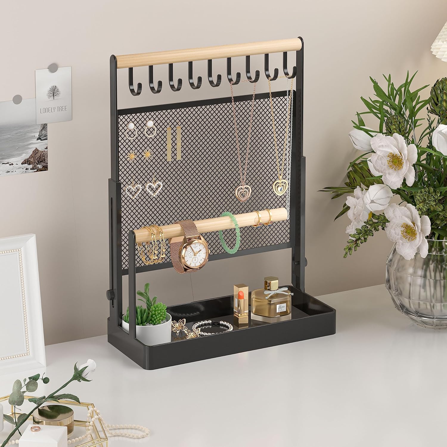 Jewelry Organizer Stand, Liftable Necklace Holder with Earring Organizer Net, 9 Hooks Necklaces Storage Wooden Handing Bar for Bracelets Watches Rings (Black) - Image 6