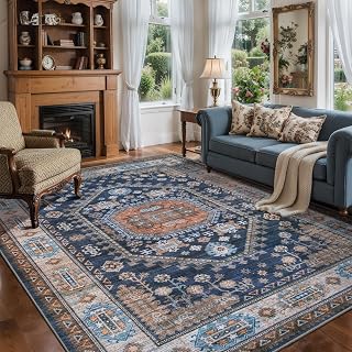Tangsoo 5x7 Large Area Rug for Living Room,Vintage Washable Non-Slip Rug | Boho Soft Low Pile Indoor Mat Foldable Floor Carpet for Bedroom Dining Room Dorm Home