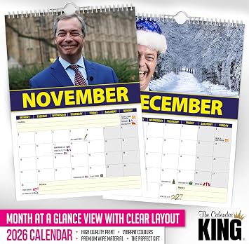 The Calendar King // Nigel Farage - 2026 Wall Calendar (Full Colour, A4 Size)***