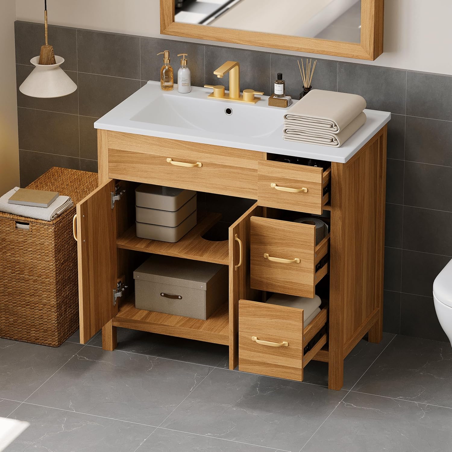 LUMISOL 36" Bathroom Vanity with Sink Combo, Modern Bathroom Storage Cabinet with 3 Drawers, 2 Doors & Adjustable Shelf, Solid Wood Bathroom Vanity with Offset Ceramic Sink, Natural