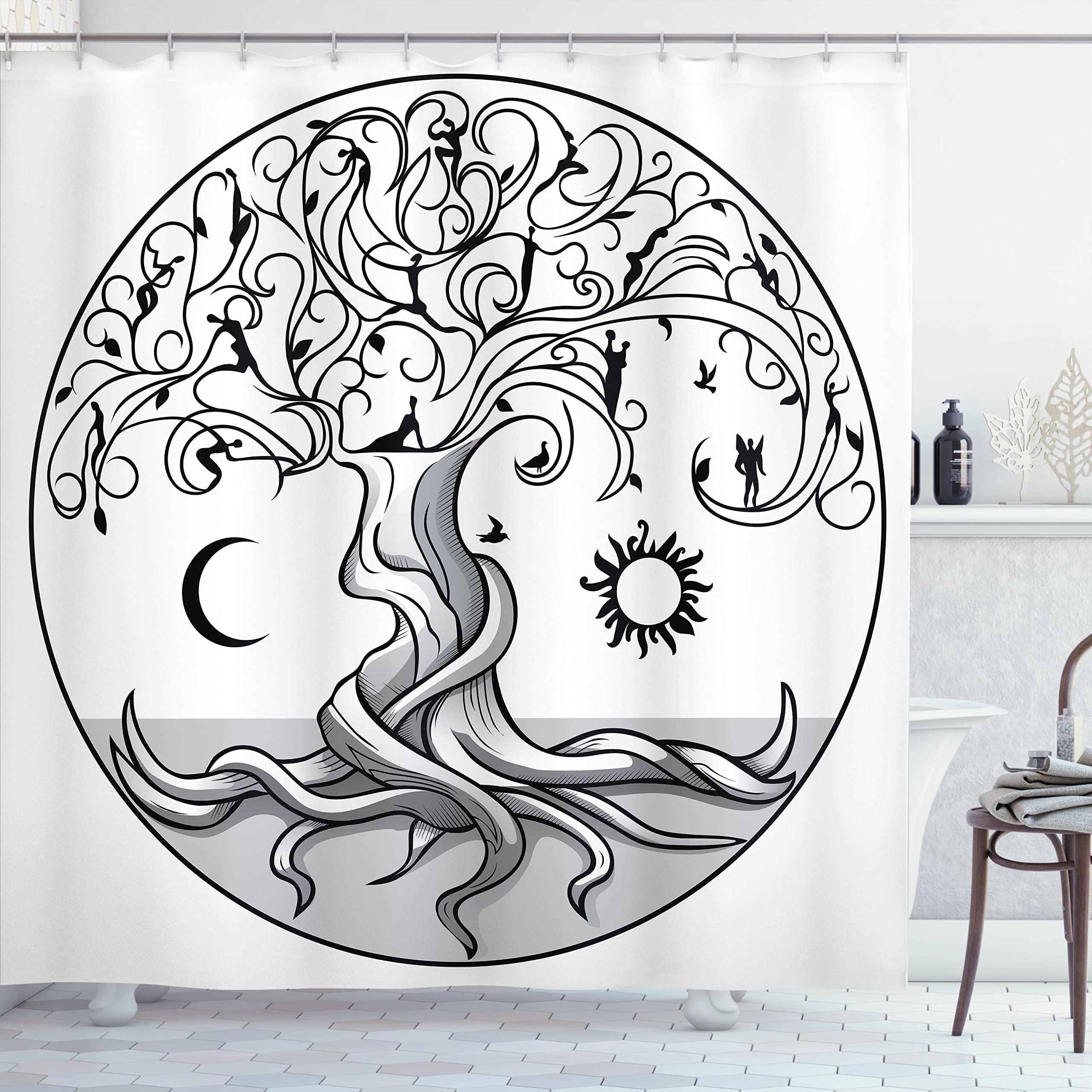 Lunarable Sun and Moon Shower Curtain, Life Tree with Swirling Branches and Angels, Cloth Fabric Bathroom Decor Set with Hooks, 69