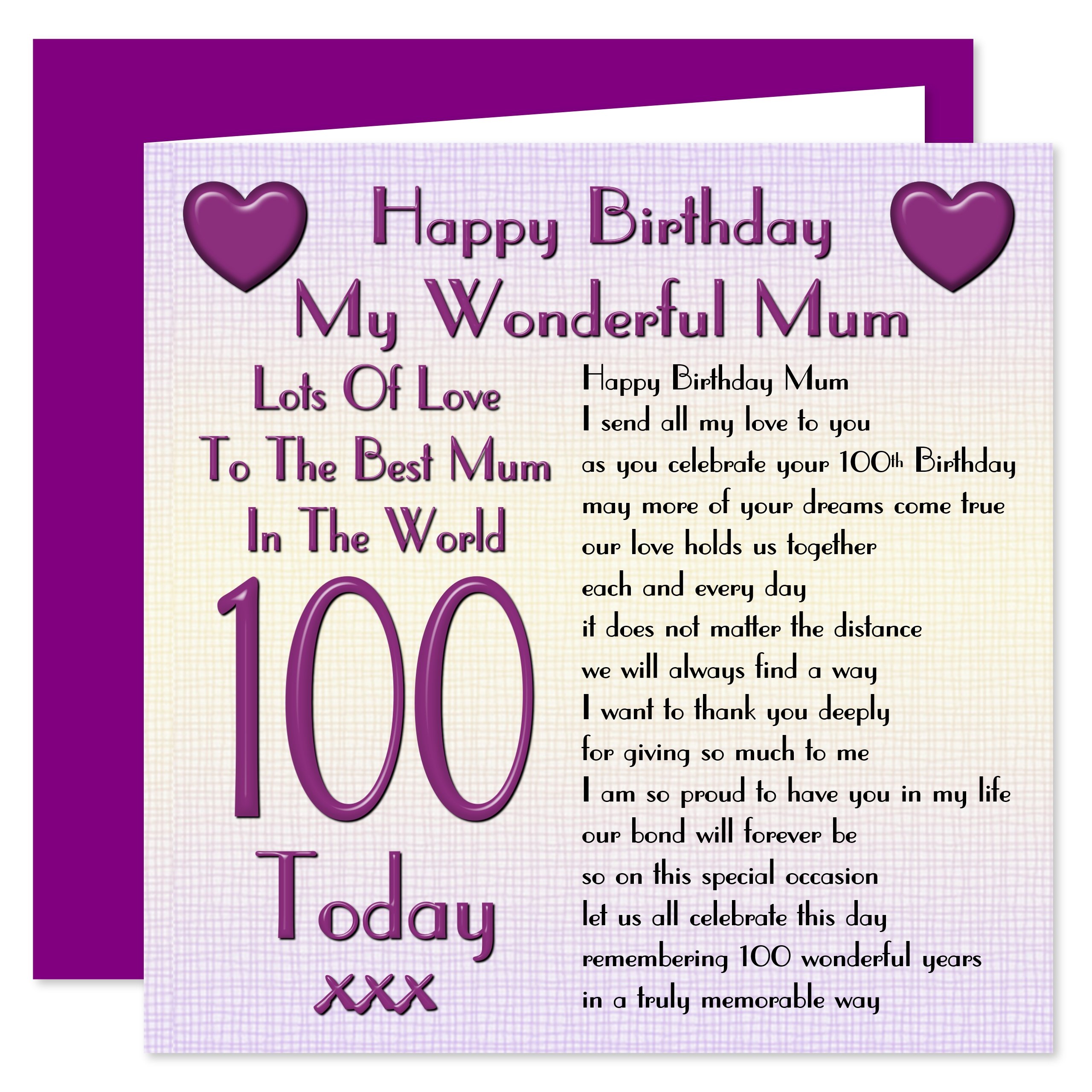 Mum 100th Happy Birthday Card - Lots Of Love To The Best Mum In The World - 100 Today