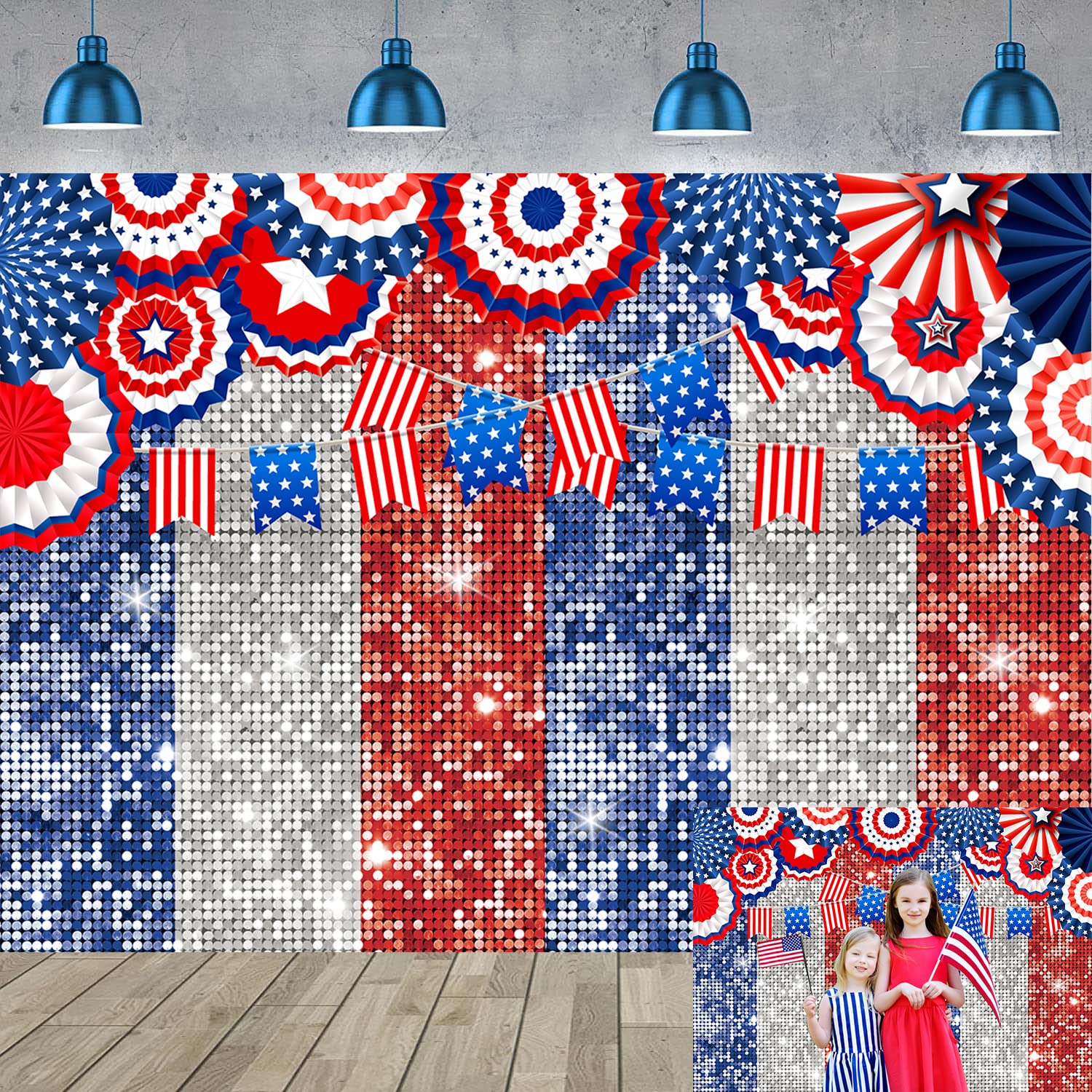 Happy Labor Day Backdrop of Photography Glitter Independence Day American Flag Paper Flower Patriotic Theme Background Veterans National Memorial Day Party Banner Photo Booth Props (7X5FT(82x59inch))