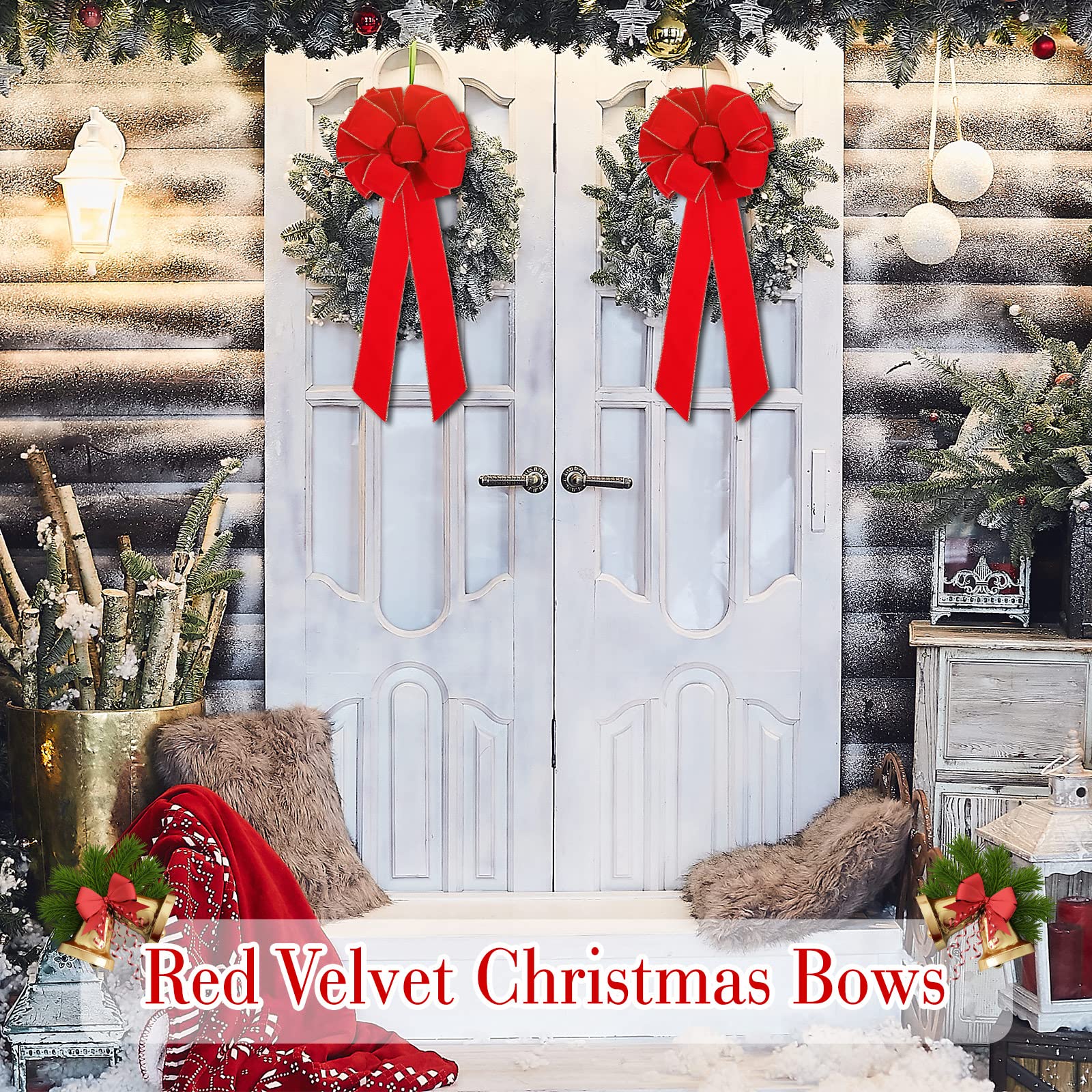 Kigeli 24 Stück große rote Weihnachtsschleife 25,4 x 66 cm roter Samt Gold Drahtkante Band Weihnachtskranz Schleife für Baumspitze Heimdekoration (12 Stück)