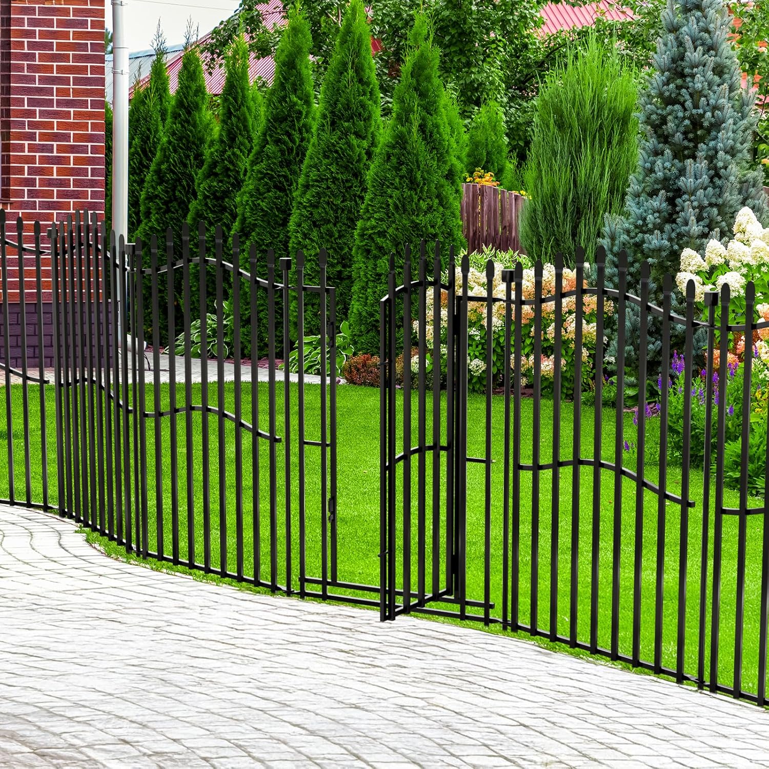 10 Panels No Dig Decorative Garden Fence with Gate - 40in H x 22.5ft L, Duty Square-Tall Heavy Duty Square Tube Animal Barrier, Rustproof Dog Fence for Outdoor Yard & Patio Protection