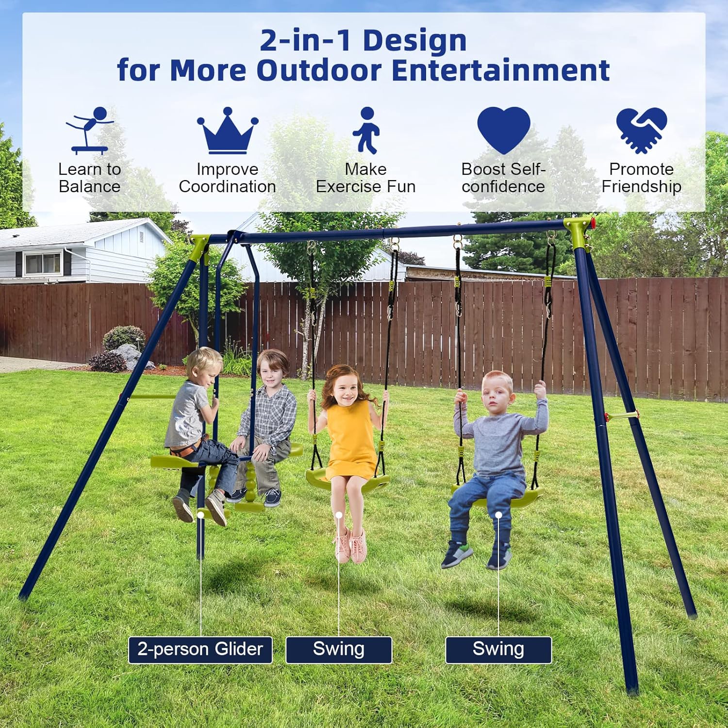 Costzon 440 lbs Swing Set for Backyard, 2-in-1 Heavy Duty Extra Large Metal Swing Frame with 2 Swings, Glider, Adjustable Hanging Ropes, Outdoor Playground Play Equipment, Swing Stand for Kids