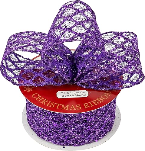 Miniatura 8 de HUIHUANG Cinta púrpura con alambre de 2-12 pulgadas, cinta con borde de alambre de diamante con purpurina para decoración de Halloween, árbol de