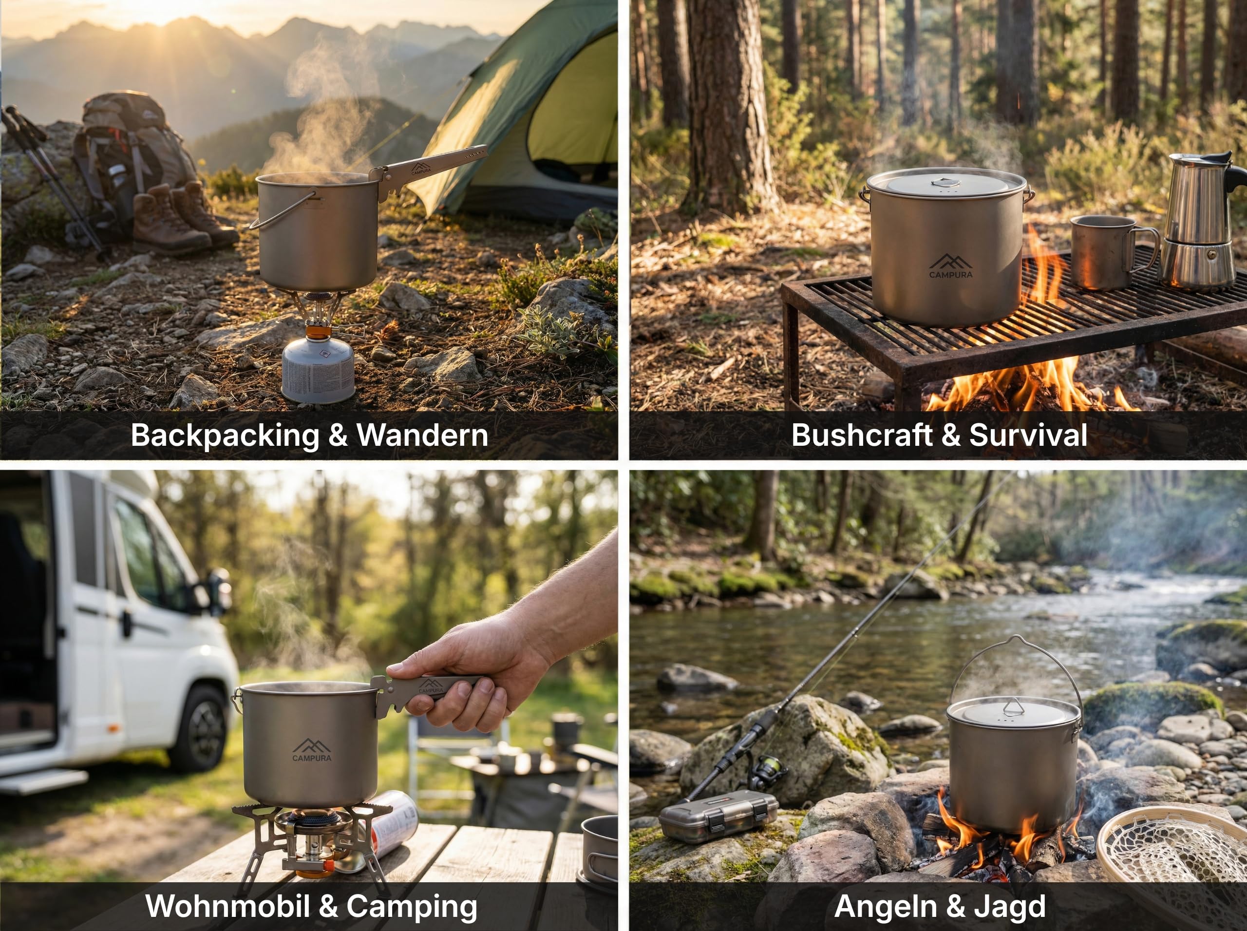 Titan Topf 1100 ml mit abnehmbarem Griff und Henkel – Ultraleichtes Camping Geschirr Set mit Messskala, Deckel & Netzbeutel für Outdoor, Bushcraft, Trekking (192g)