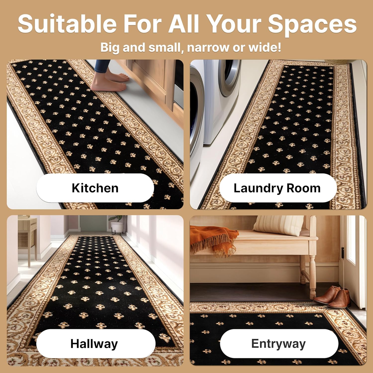 Well Woven Fleur de Lis Elegance Traditional Black 2x7 (2'3" x 7'3" Runner) – 100% Jute Backing, Durable Hallway & Entryway Runner