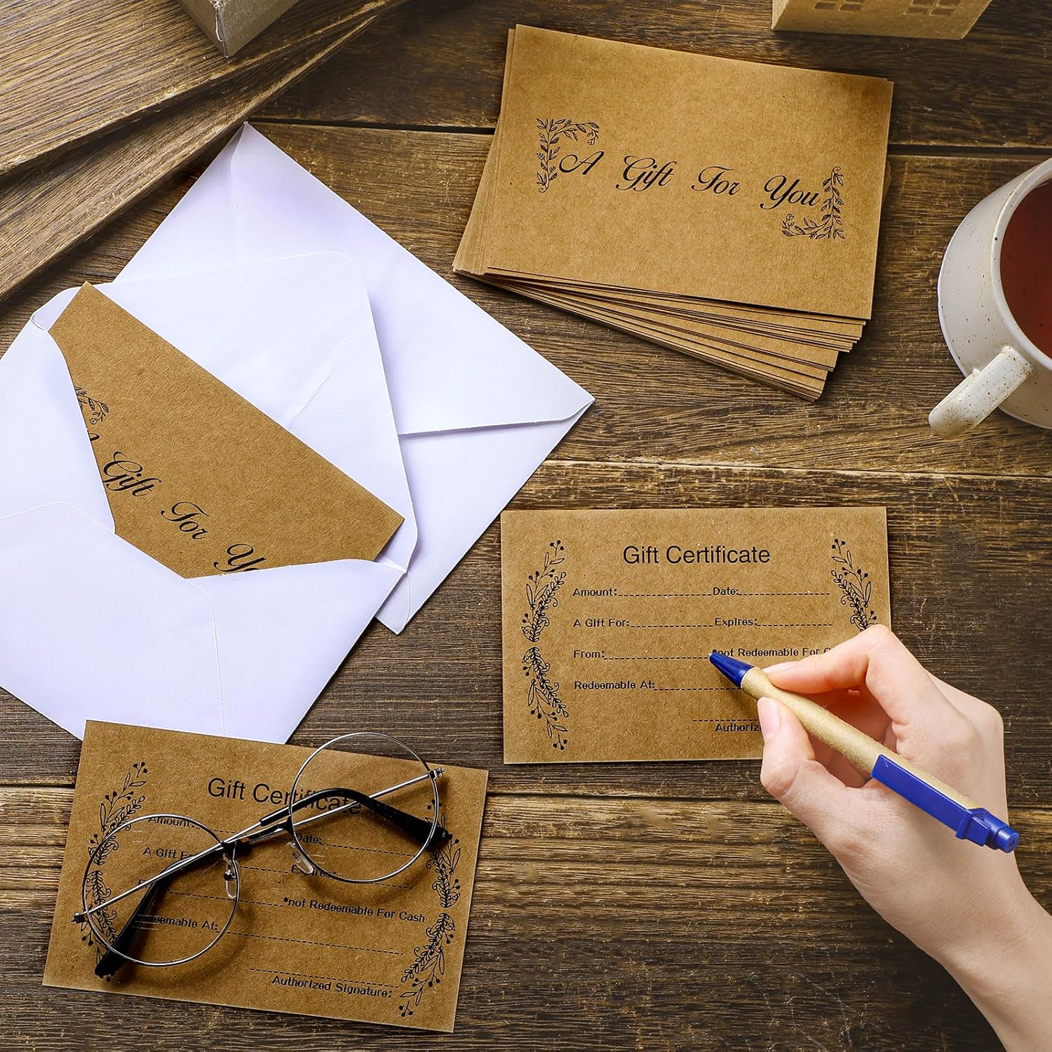 Tatuo 60 Sets Gift Certificates for Business Blank Gift Certificate Cards with 60 Pcs Envelopes for Beauty Salon Restaurant Spa Client Birthday Wedding Voucher Work, 3.5 x 5.5''(Kraft Color) - Image 4